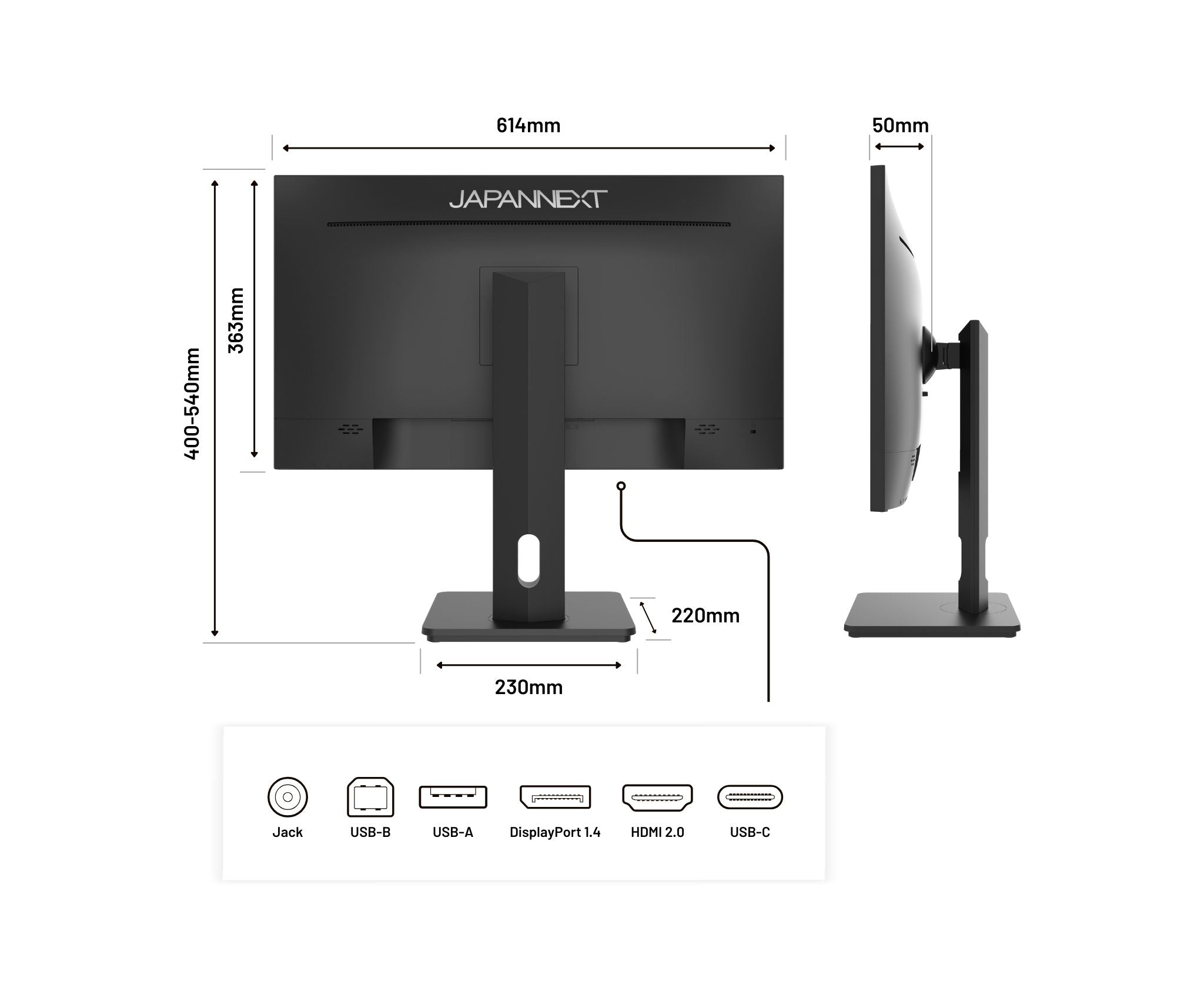 Schwarzer Computermonitor mit Maßen. Enthält Anschlüsse wie USB, HDMI und DisplayPort. Die Marke ist JAPANNEXT.