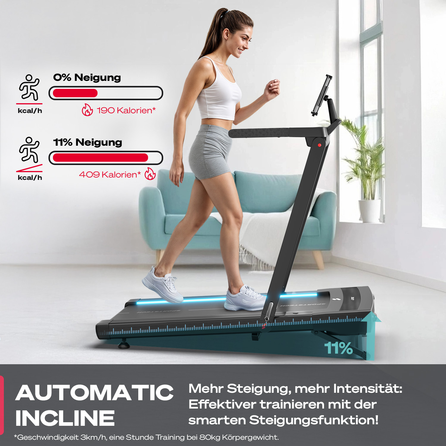 Eine Frau läuft auf einem Laufband. Grafiken zeigen Kalorienverbrauch bei 0% und 11% Steigung. Text bewirbt automatische Steigung und Trainingsintensität.