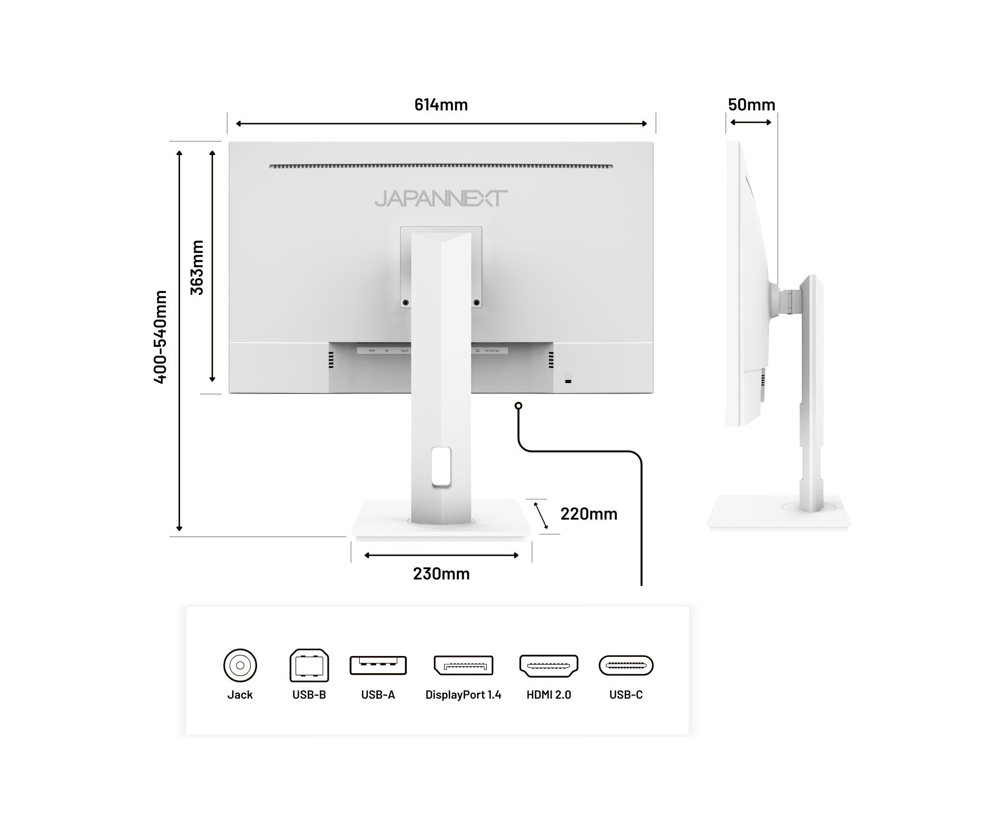 Weißer Monitor mit Abmessungen. Es verfügt über Anschlüsse wie USB-B, USB-A, DisplayPort 1.4, HDMI 2.0 und USB-C.
