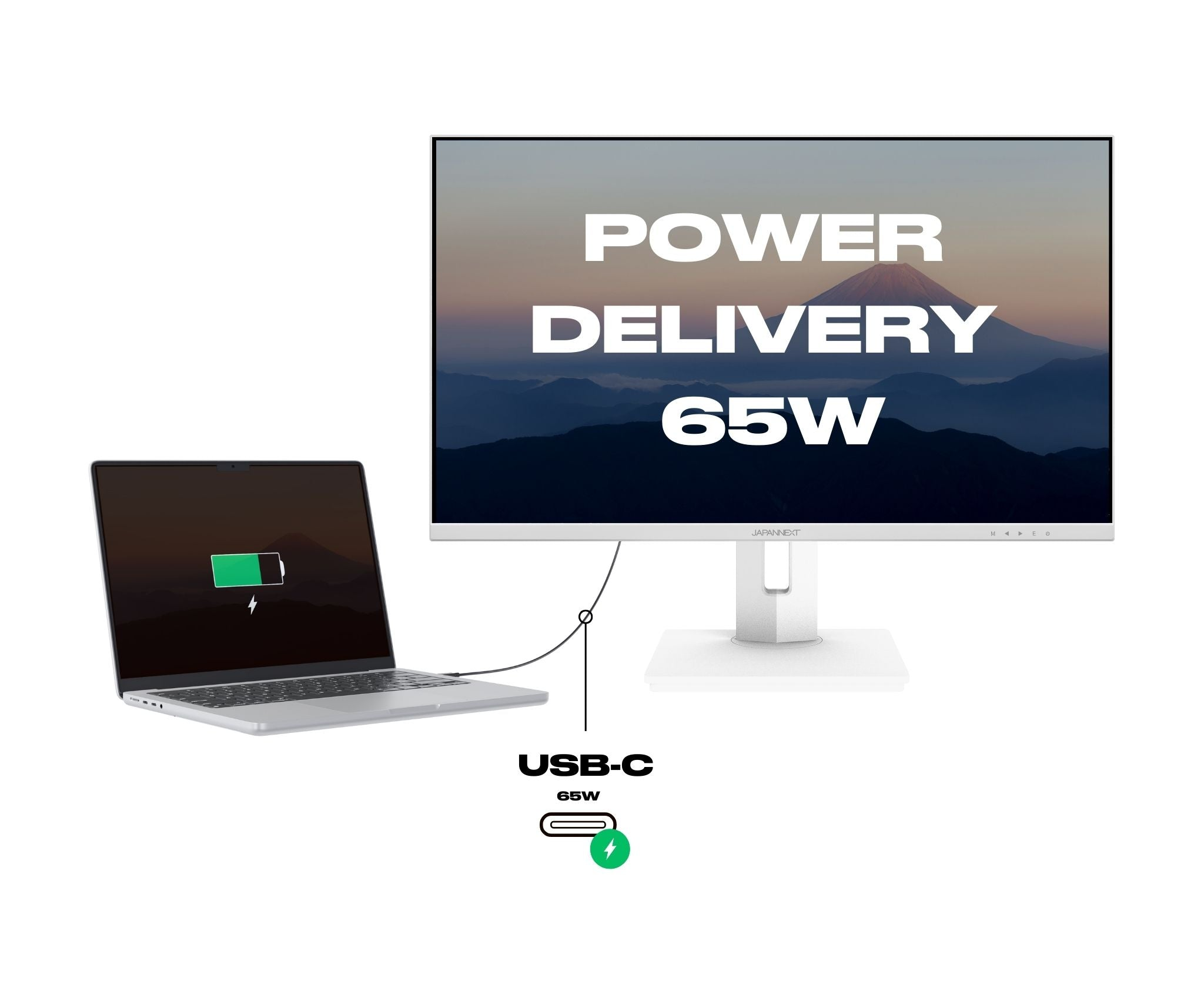 Ein Laptop wird über USB-C von einem Monitor aufgeladen. Der Monitor zeigt Power Delivery 65W an.
