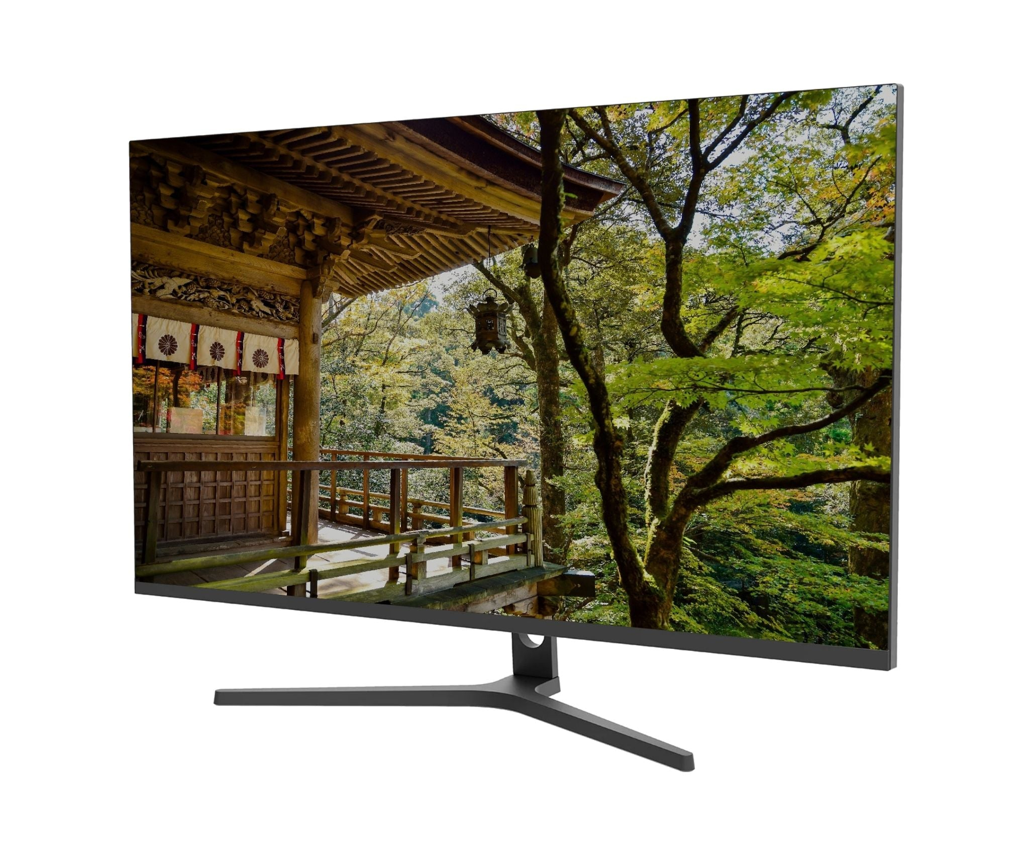 Un monitor muestra un templo japonés con árboles y follaje. El monitor tiene un soporte negro.