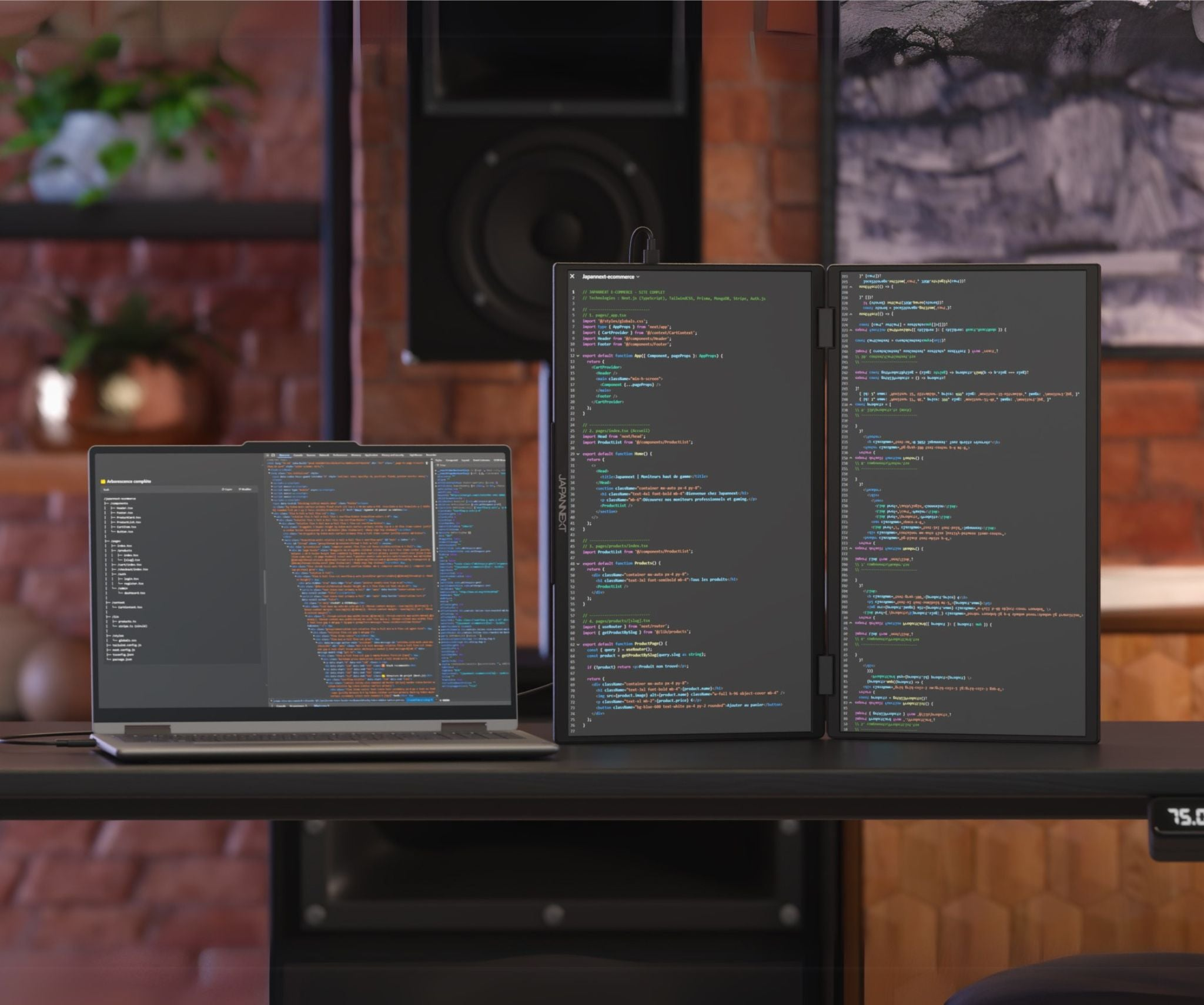 Ein Laptop und zwei Monitore mit Code stehen auf einem schwarzen Schreibtisch. Hintergrund ist eine Ziegelmauer und ein Lautsprecher.