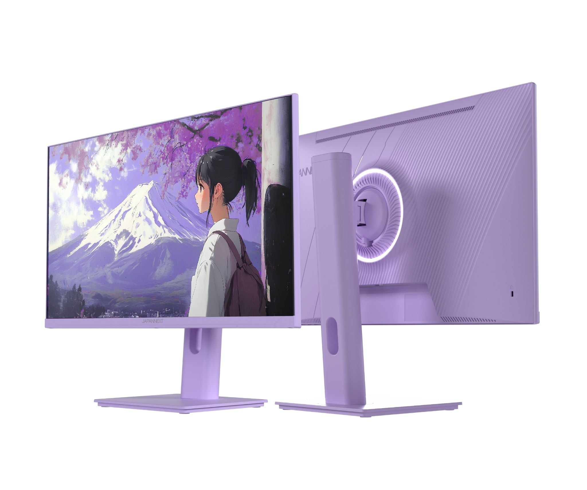 Ein lila Monitor zeigt eine Anime-Szene mit Berg und Kirschblüten. Der Ständer ist lila.