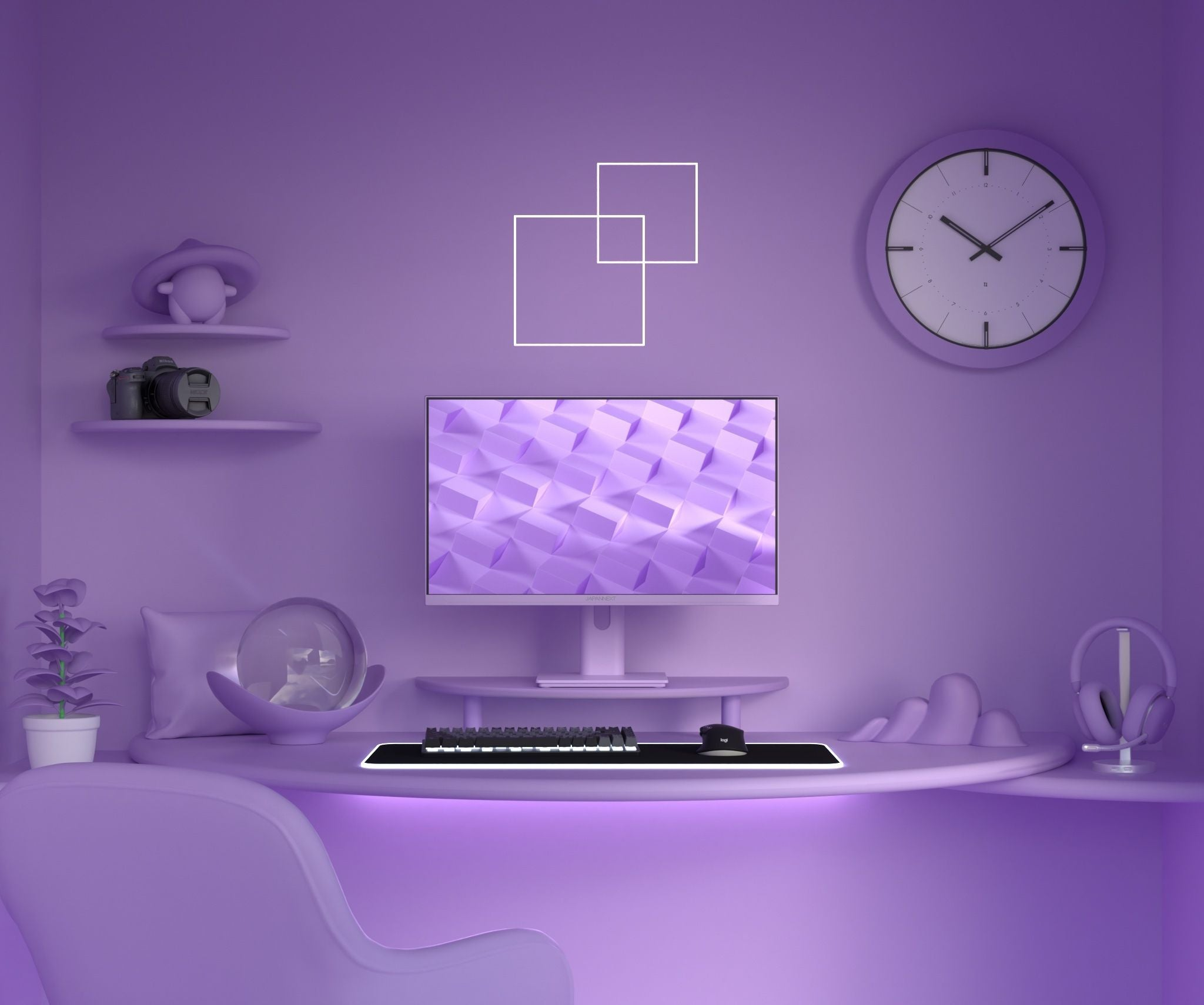Ein lila Raum mit einem Schreibtisch. Der Schreibtisch hat einen Monitor, eine Tastatur, eine Maus und Kopfhörer. Eine Uhr und Dekoration sind an der Wand.