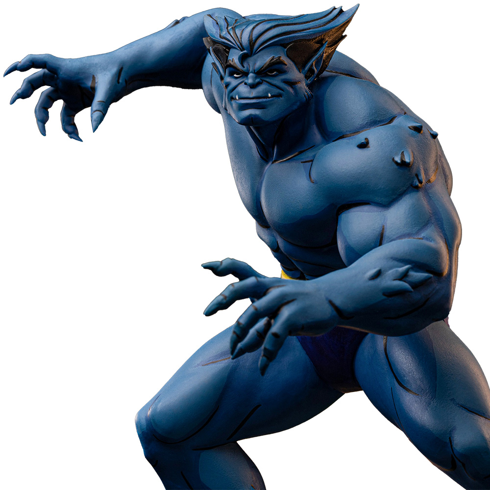 Eine blau-pelzige Beast-Statue. Sie befindet sich in einer dynamischen Pose, mit ausgestreckten Krallen. Die Figur hat ausgeprägte Muskeln.
