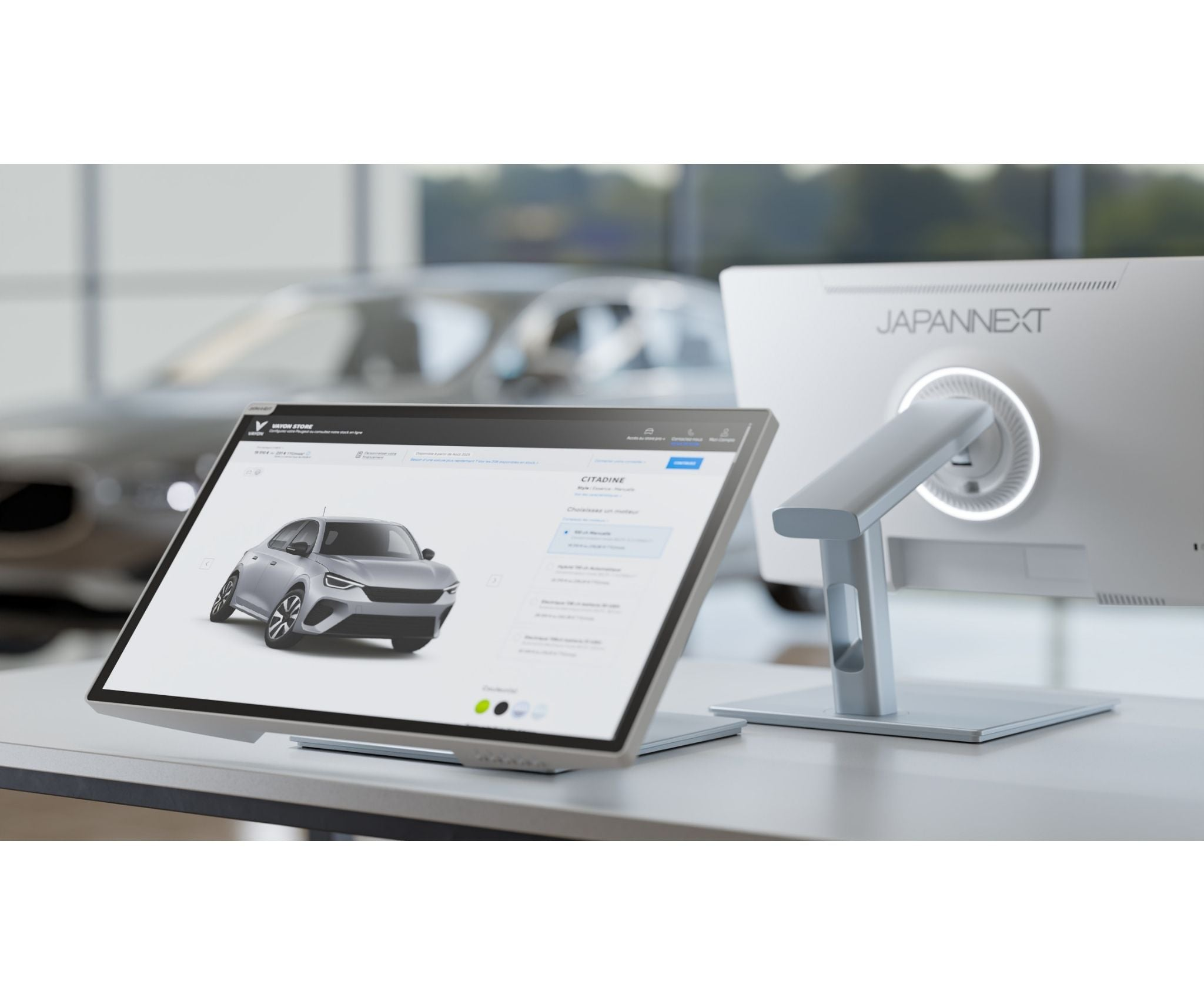 Een digitale tablet toont een auto configurator. Een monitor met 'JAPANNEXT' staat rechts. Een auto op de achtergrond.