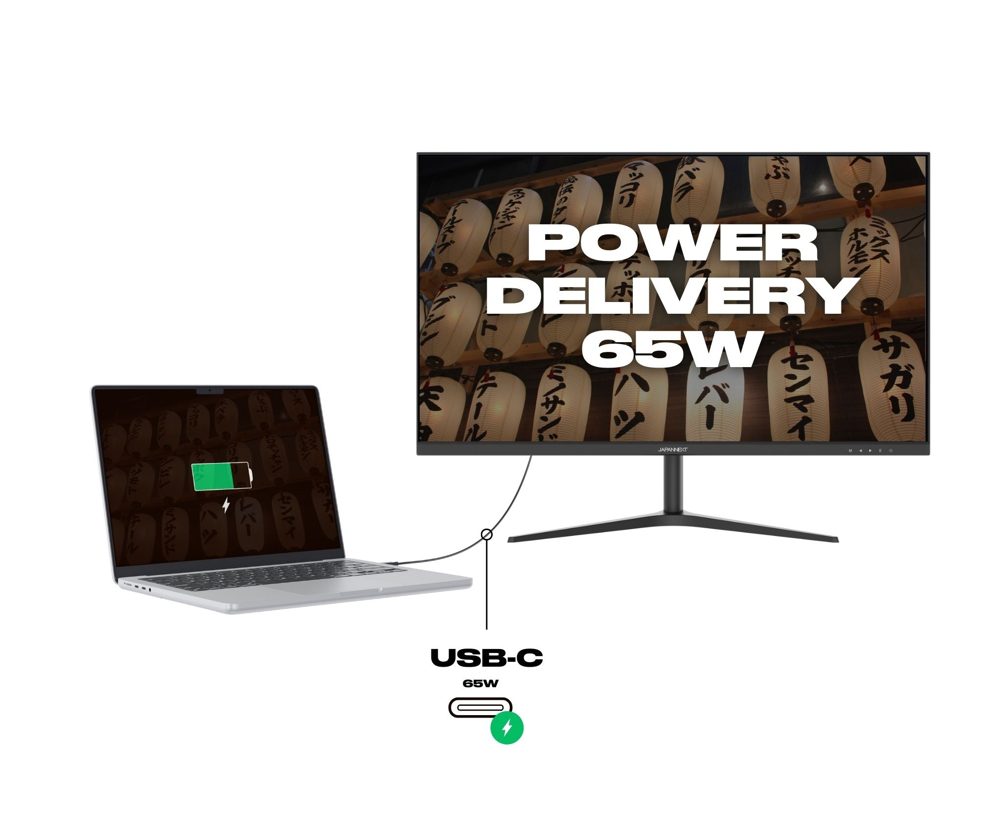 Ein Laptop, der über USB-C aufgeladen wird und mit einem Monitor verbunden ist, auf dem 'POWER DELIVERY 65W' angezeigt wird.