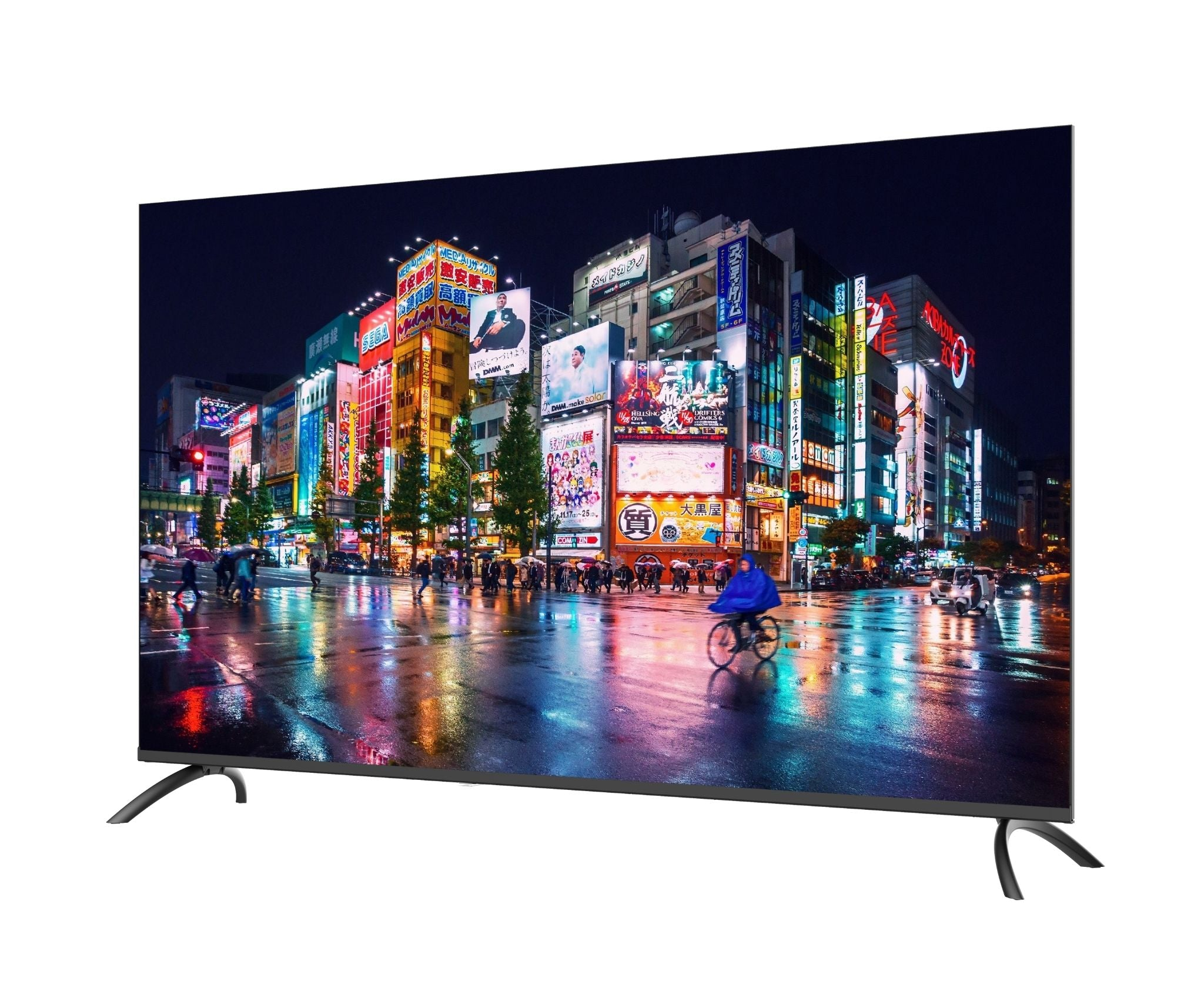 Un televisor muestra una vibrante escena nocturna en Japón. Los edificios con letreros de neón se reflejan en calles mojadas. Una persona anda en bicicleta bajo la lluvia.