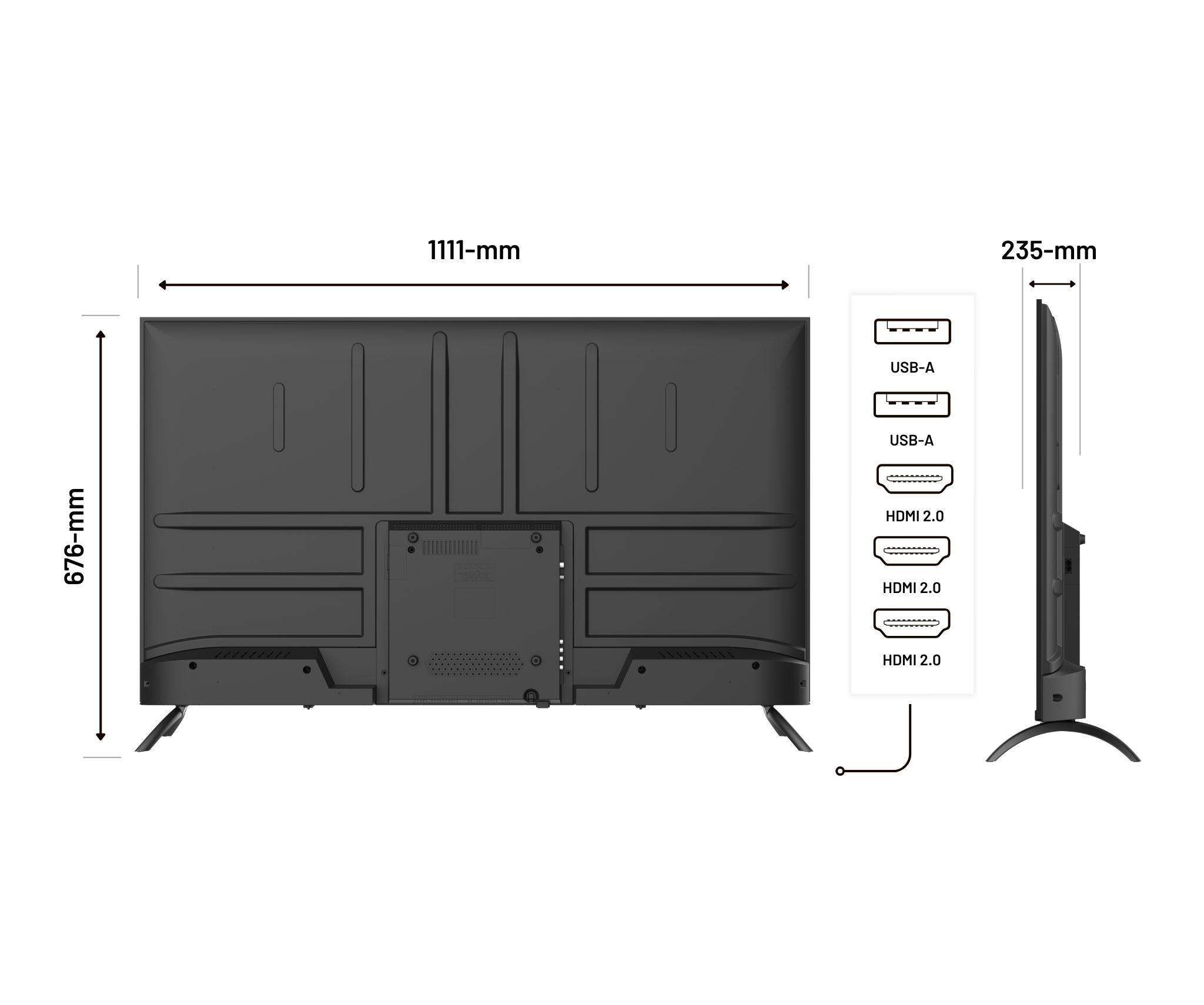 Vista posterior de un televisor negro con dimensiones. Vista lateral muestra puertos como USB y HDMI. Se incluyen medidas.