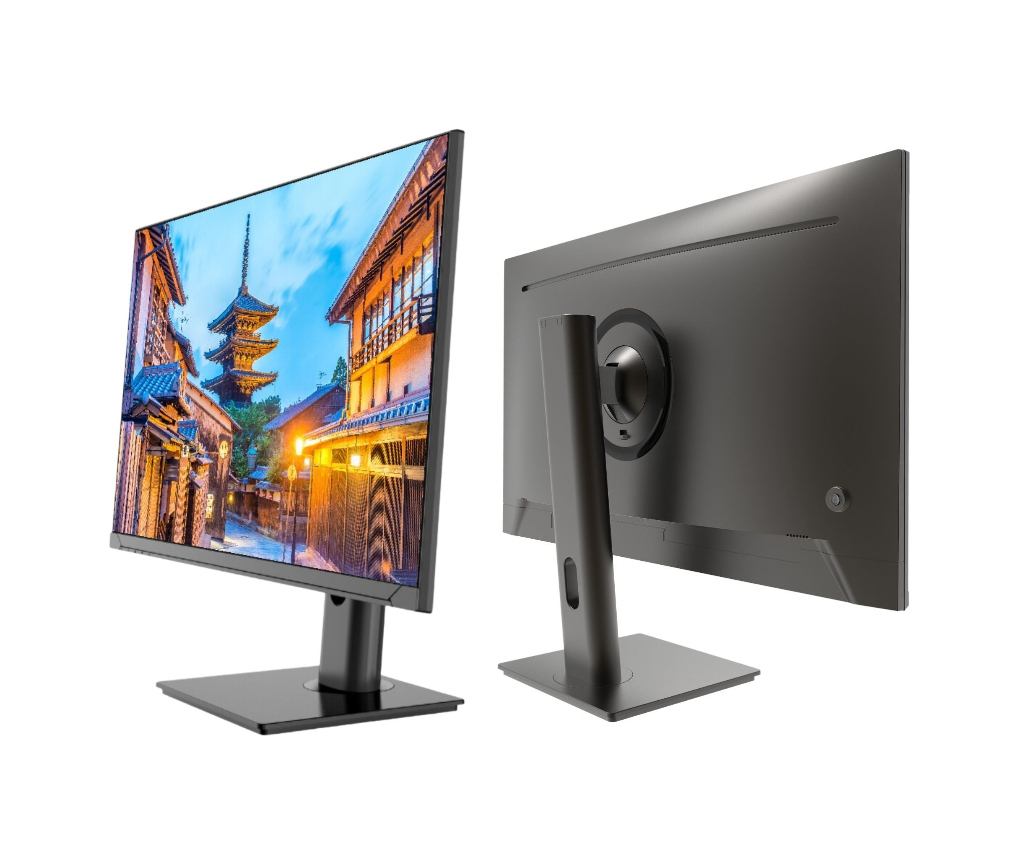 Zwei Computermonitore auf weißem Hintergrund. Einer zeigt eine japanische Straßenszene. Der andere die Rückseite.