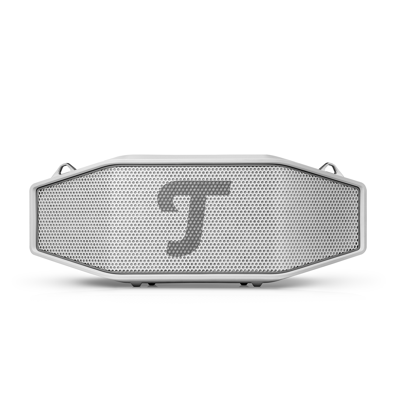 Een witte en zilveren speaker met een geperforeerde voorkant. Een groot grijs 'T'-logo in het midden. De achtergrond is effen wit.