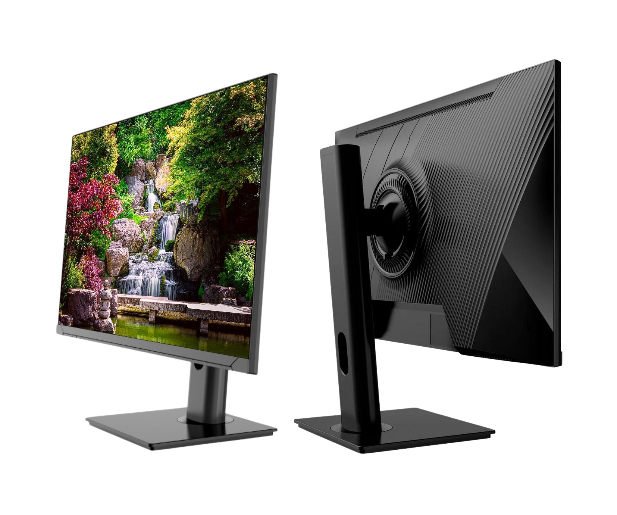 Two black computer monitors on a white background. One shows a waterfall scene, the other the back of the monitor.