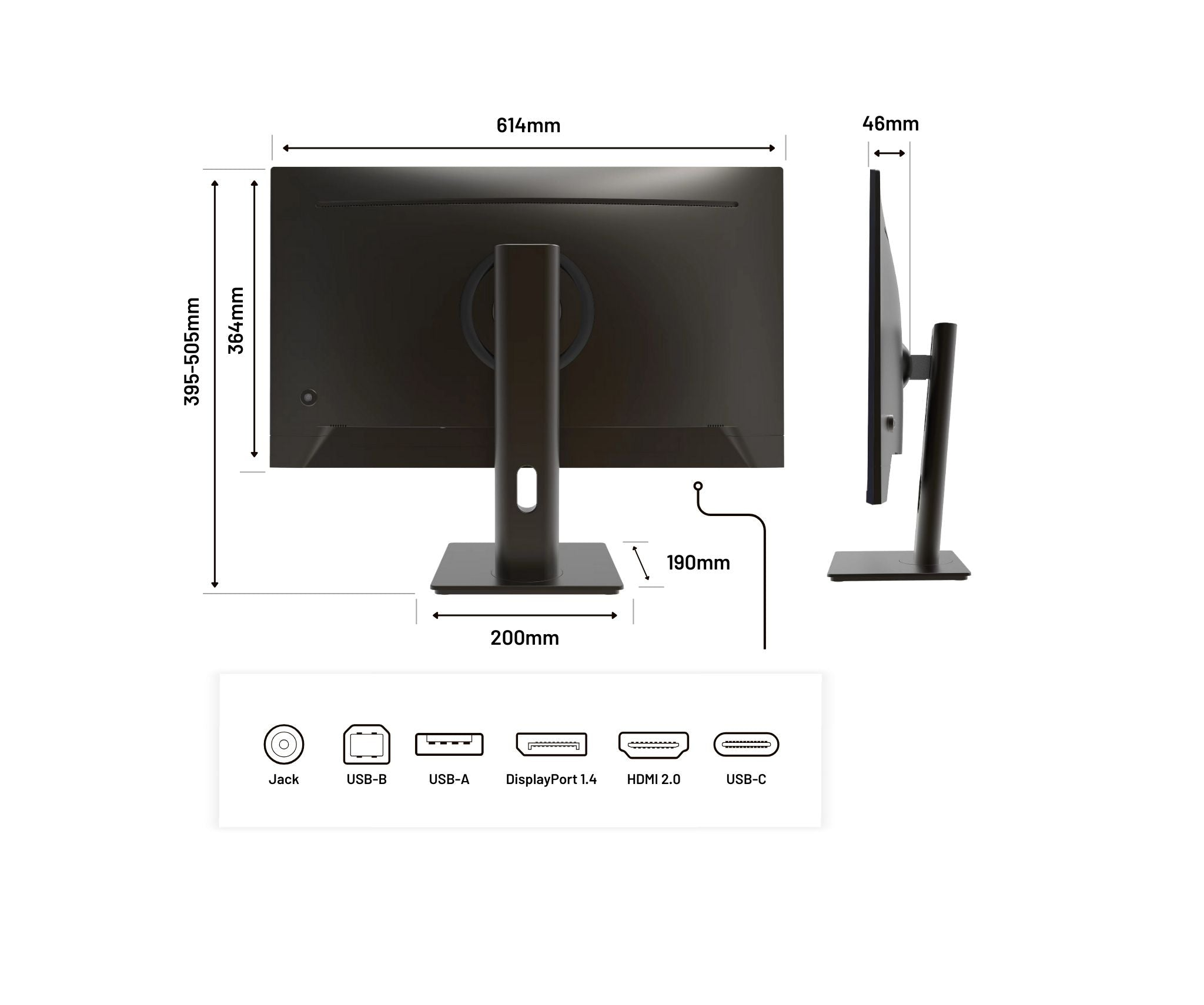 Ein schwarzer Monitor mit Maßangaben. Anschlüsse: Jack, USB-B, USB-A, DisplayPort 1.4, HDMI 2.0 und USB-C.
