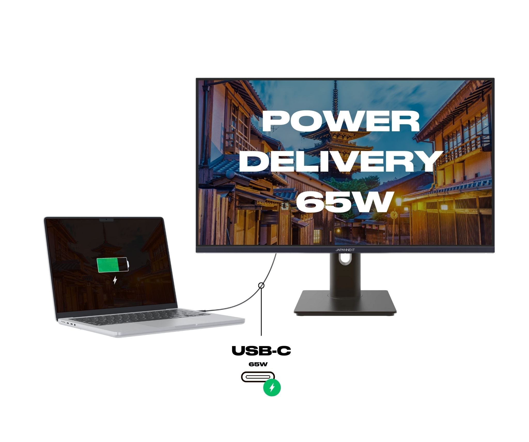 Laptop wird über einen Monitor geladen. Der Monitor zeigt eine Stadtlandschaft mit Text: Power Delivery 65W. USB-C-Symbol.