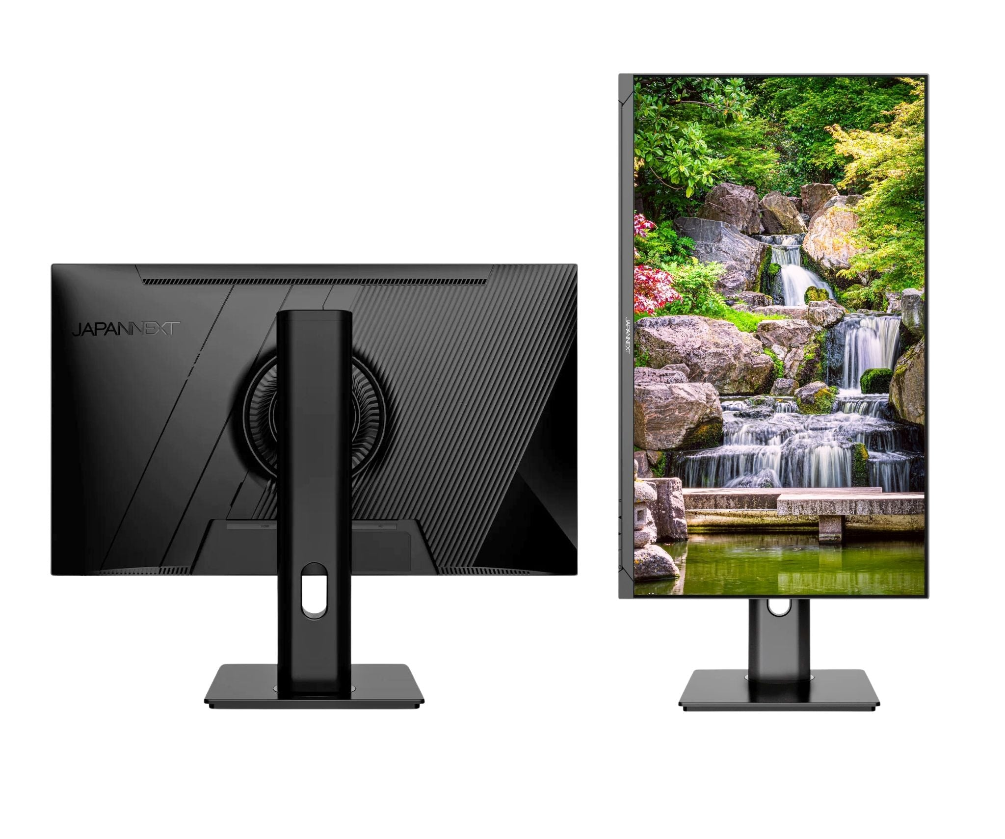 Two computer monitors. One displays a waterfall scene. The other shows the back with the brand name.