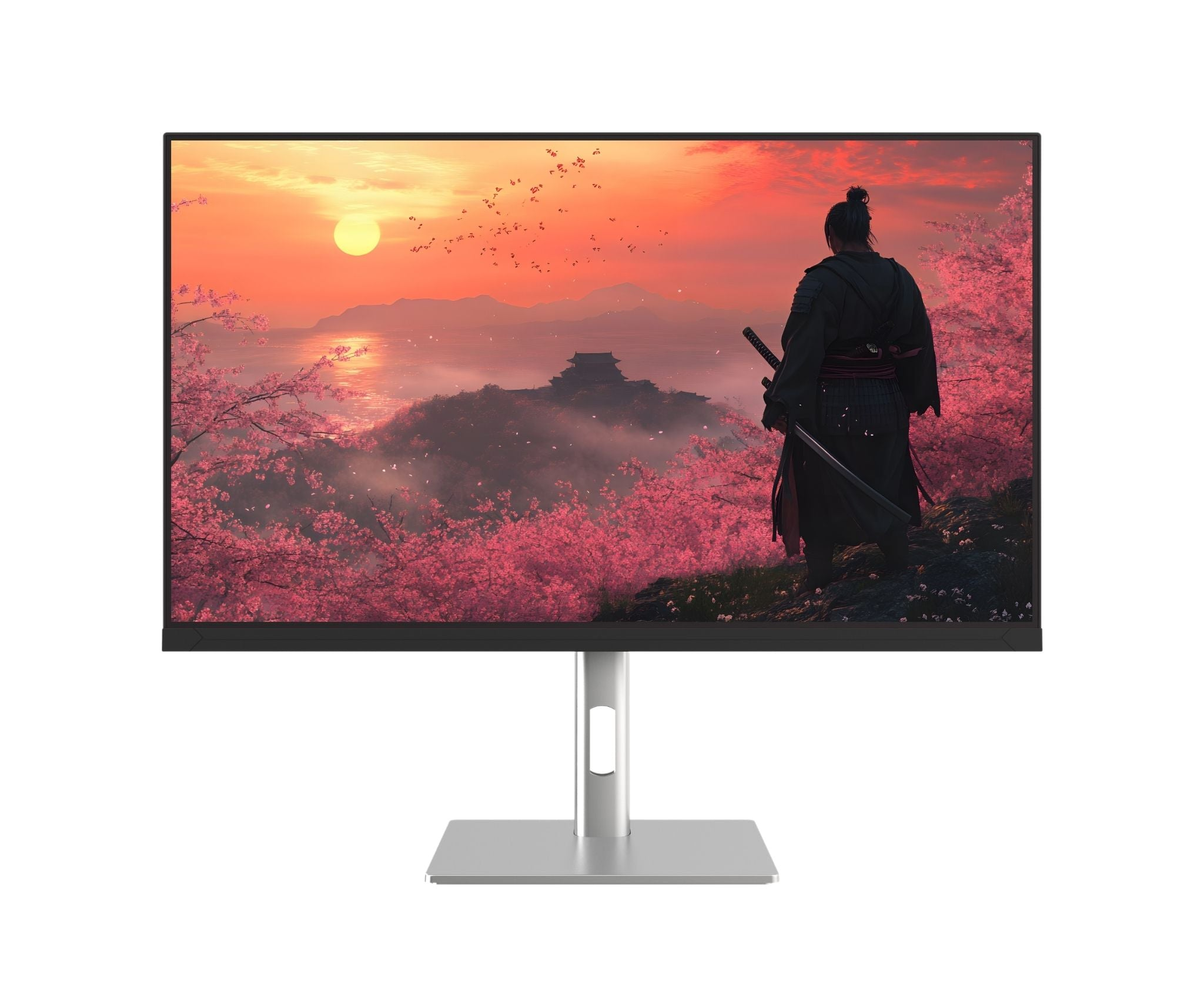 Un monitor muestra un atardecer con un samurái en una colina, cerezos en primer plano.