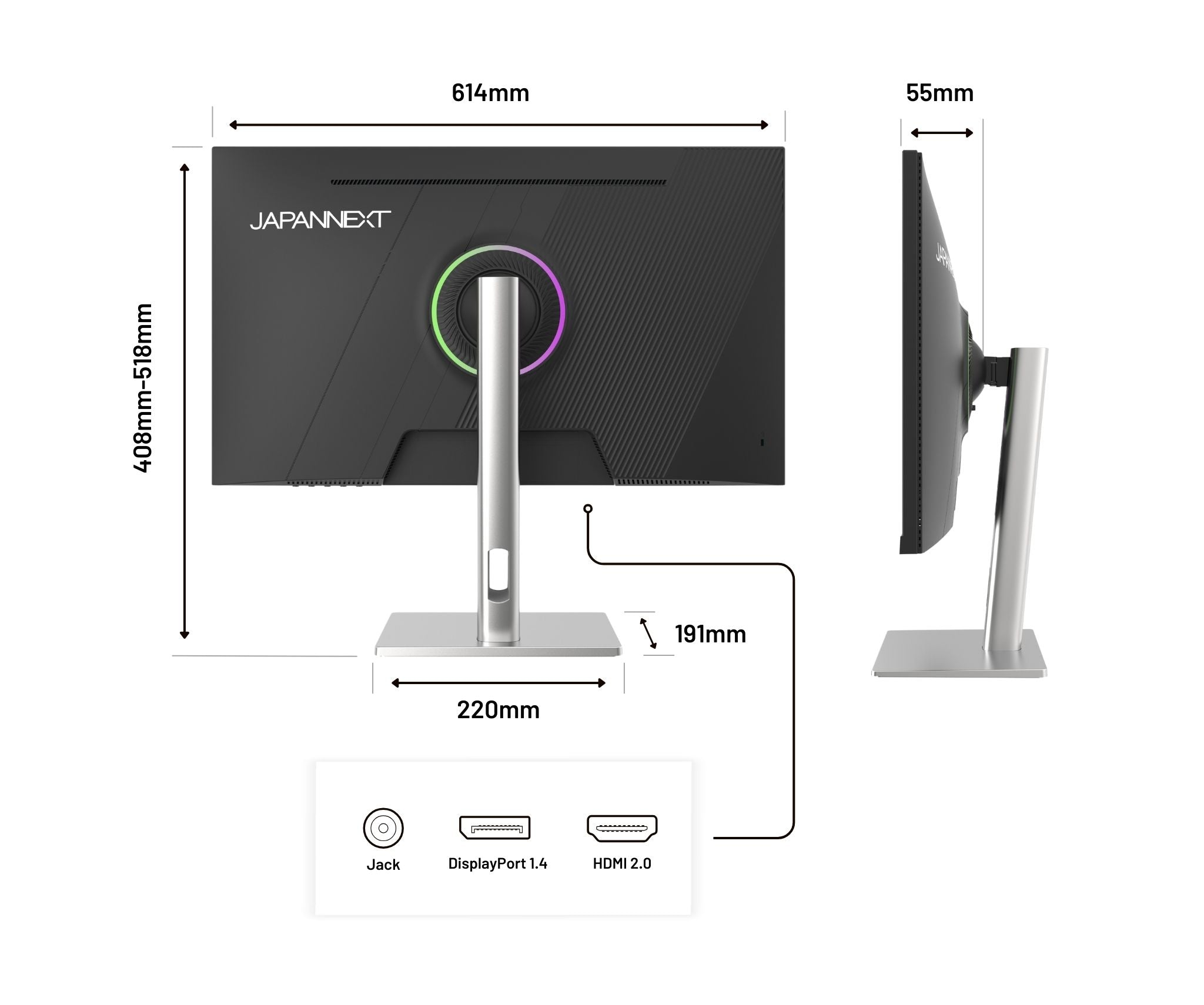 Un monitor negro con dimensiones etiquetadas. Tiene un soporte plateado. Los puertos están etiquetados como Jack, DisplayPort 1.4 y HDMI 2.0.