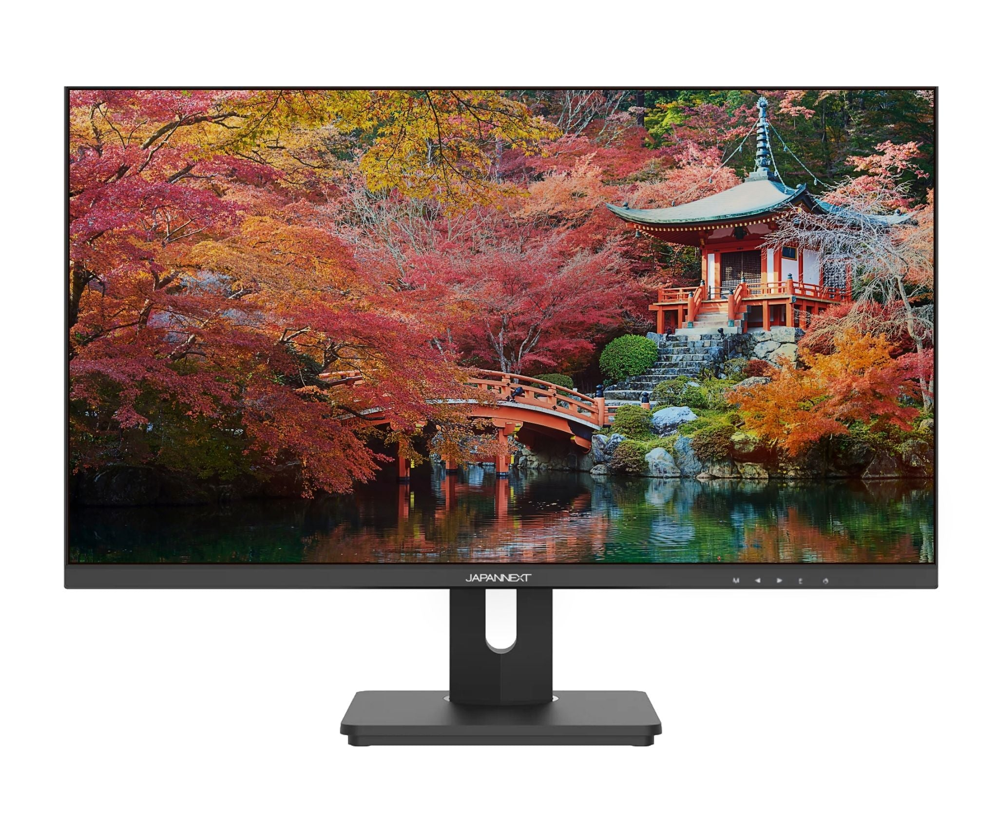 Ein Monitor zeigt eine japanische Gartenszene mit roter Brücke, Pagode und Herbstlaub, das sich im Wasser spiegelt.