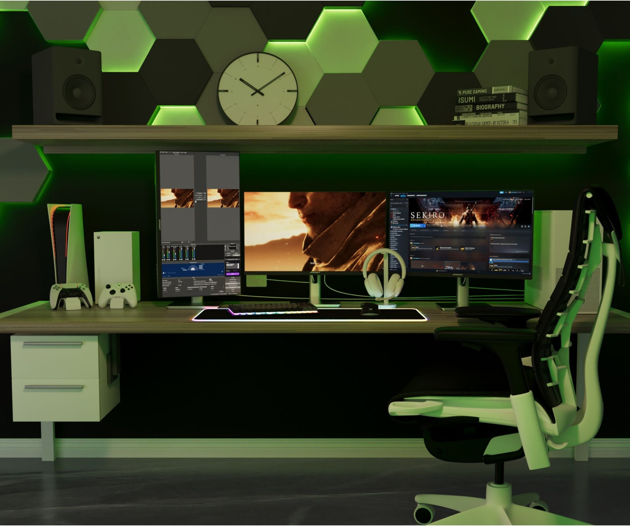 Una configuración de juego con monitores, consolas y una silla de juego. El fondo es un diseño hexagonal verde.
