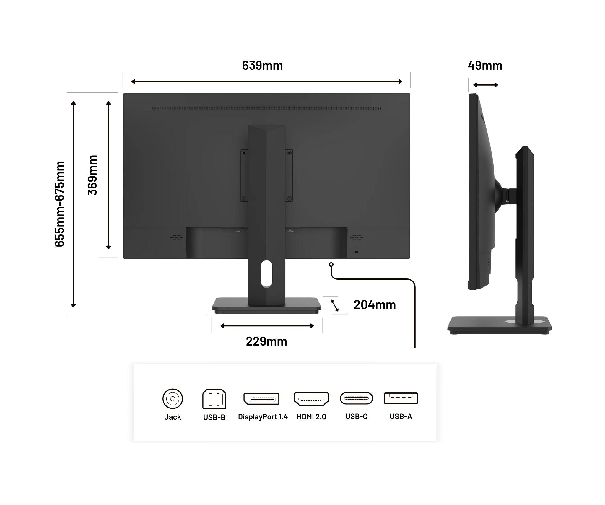 Ein schwarzer Monitor mit Maßangaben. Anschlüsse sind Jack, USB-B, DisplayPort, HDMI, USB-C und USB-A.