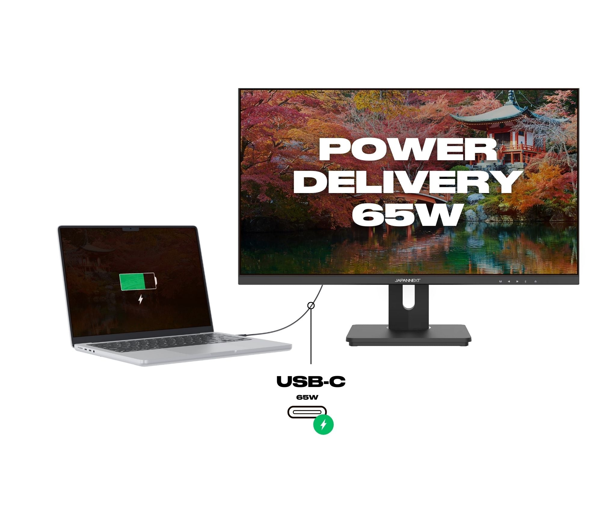 Ein Laptop ist mit einem Monitor verbunden. Der Monitor zeigt eine Landschaft. Der Laptop wird aufgeladen.