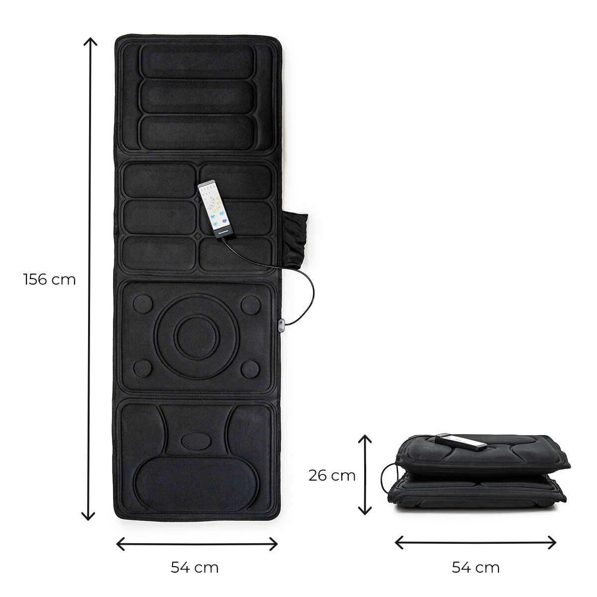 Tappetino massaggiante nero con dimensioni visualizzate e una versione piegata. Un telefono è collegato al tappetino. Misure: 156x54cm, 26x54cm.