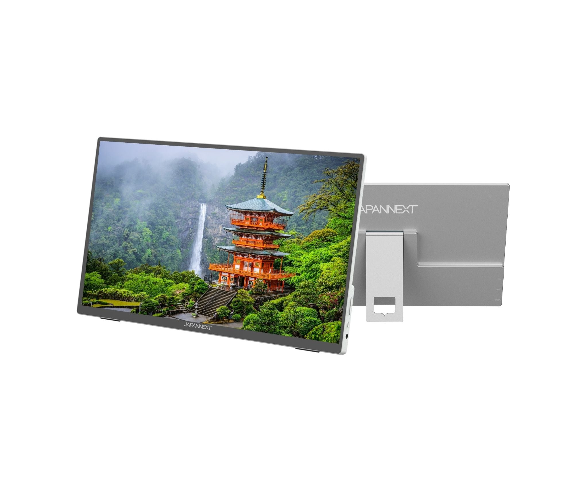 Ein Computermonitor zeigt eine japanische Pagode in der Nähe eines Wasserfalls. Der Monitor ist silberfarben und hat einen Ständer.
