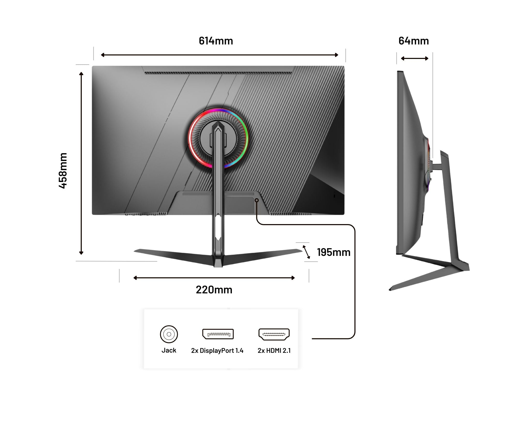 Ein Monitor mit den Maßen 614x458x64 mm. Er hat Anschlüsse: Klinke, 2x DisplayPort 1.4 und 2x HDMI 2.1. Er wird von einem Ständer getragen.