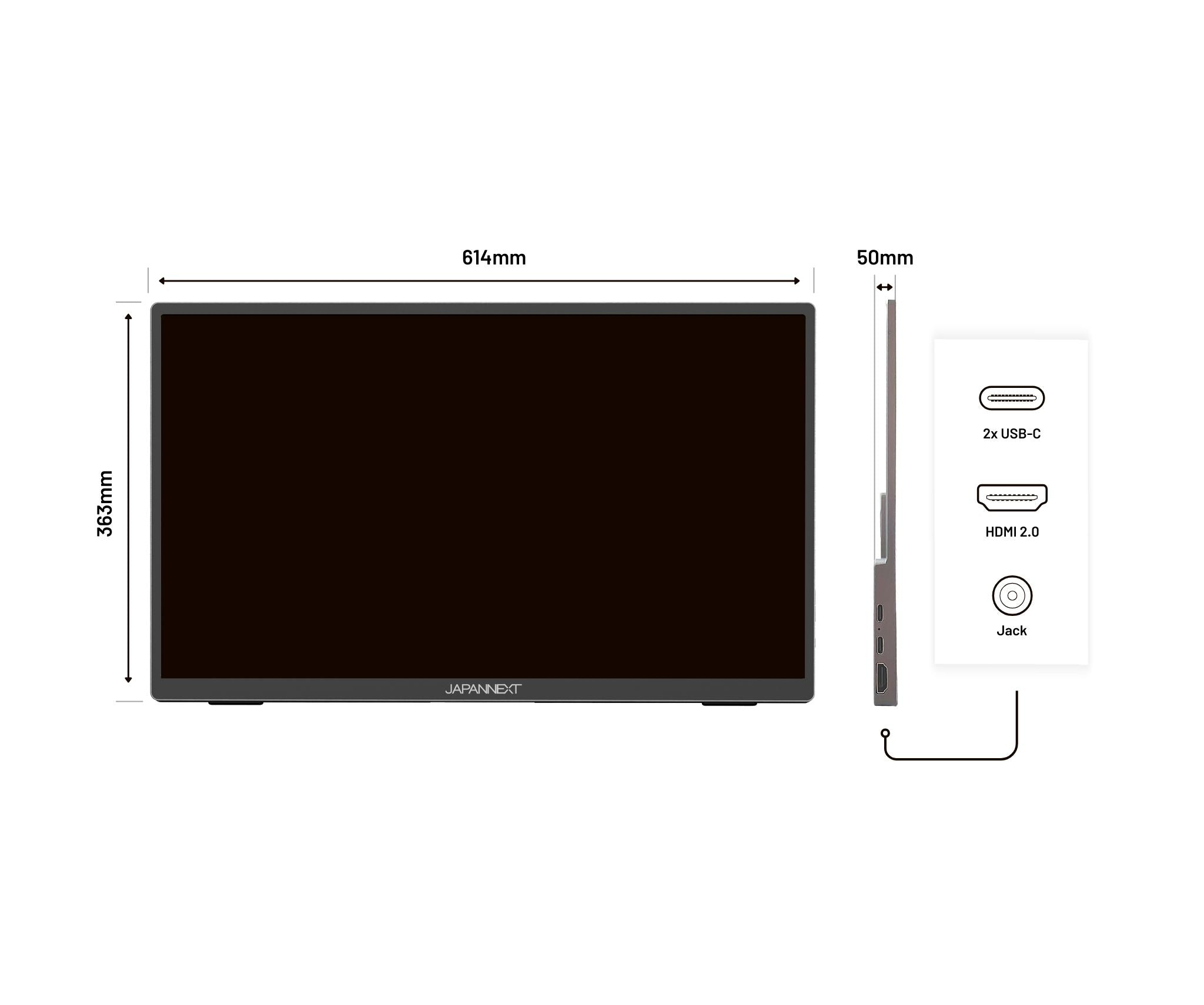 Ein Monitor mit beschrifteten Abmessungen. Enthält USB-C-, HDMI 2.0- und Jack-Anschlüsse. Der Monitor ist mit JAPANNEXT beschriftet.