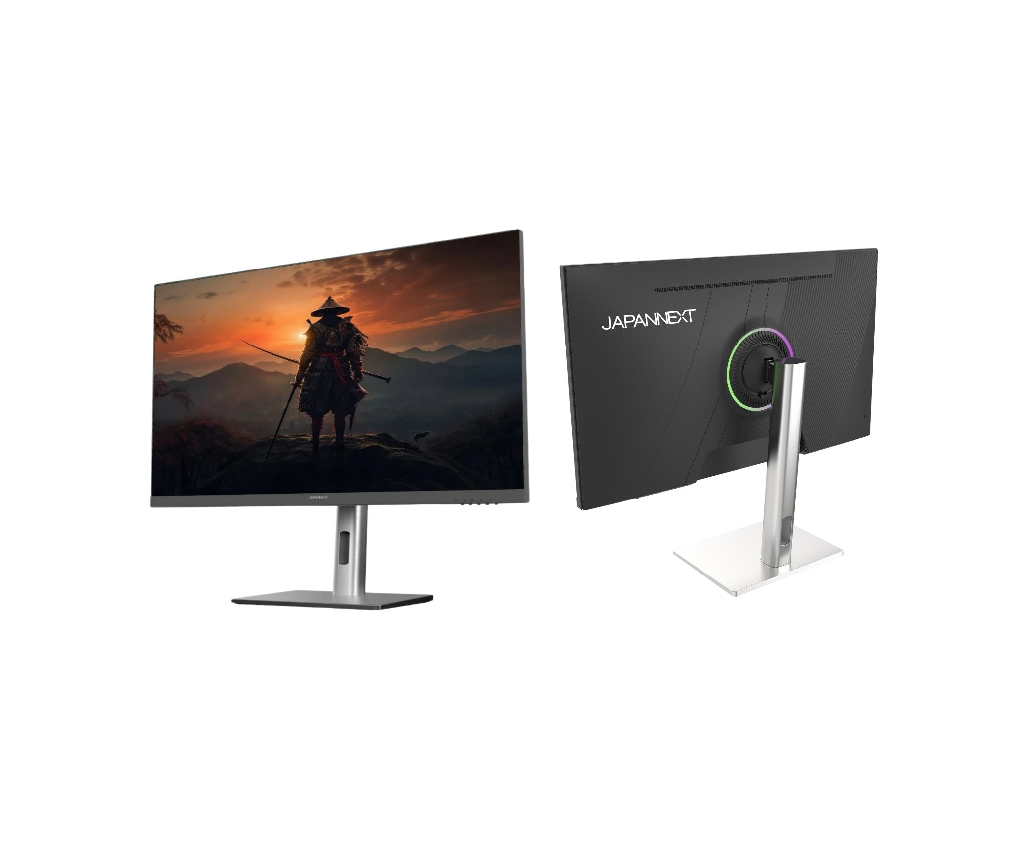 Two views of a computer monitor. The front shows a samurai image, the back has the brand JAPANNEXT.