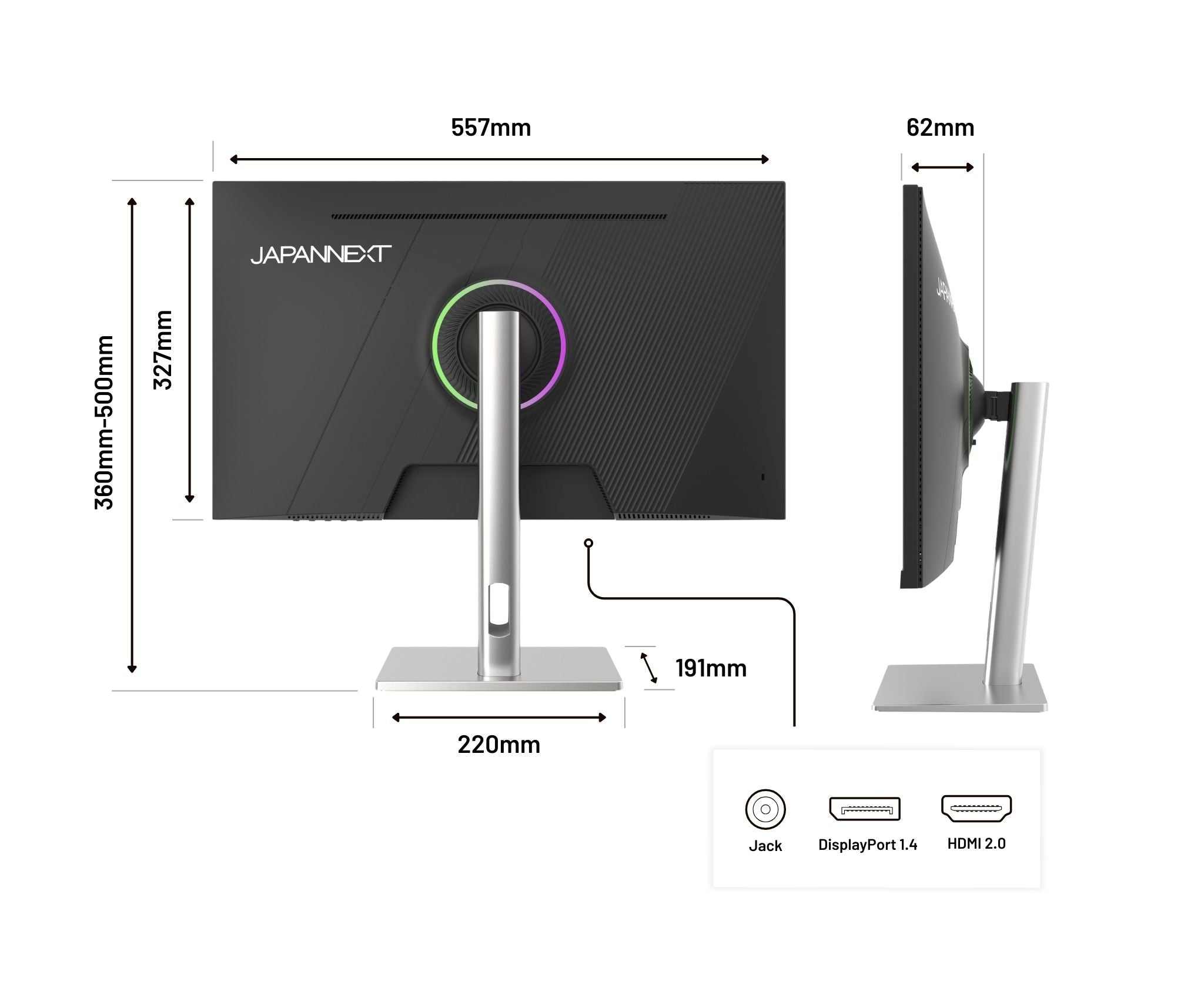 A monitor with measurements, brand name, and ports. Dimensions are labeled: 557mm, 327mm, 220mm, and 191mm.