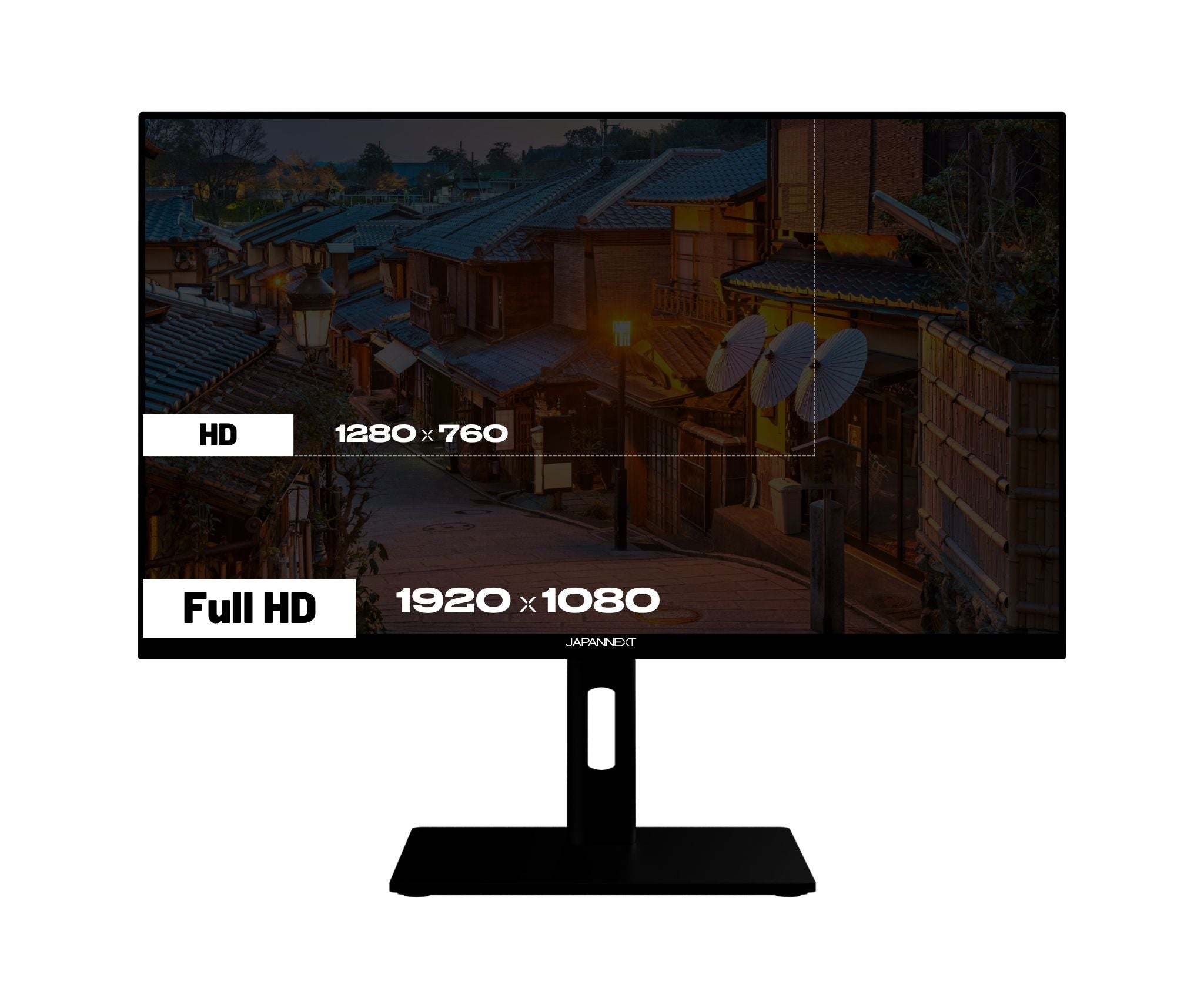 A black computer monitor displays a Japanese street scene. It shows HD and Full HD resolutions. The base is black.