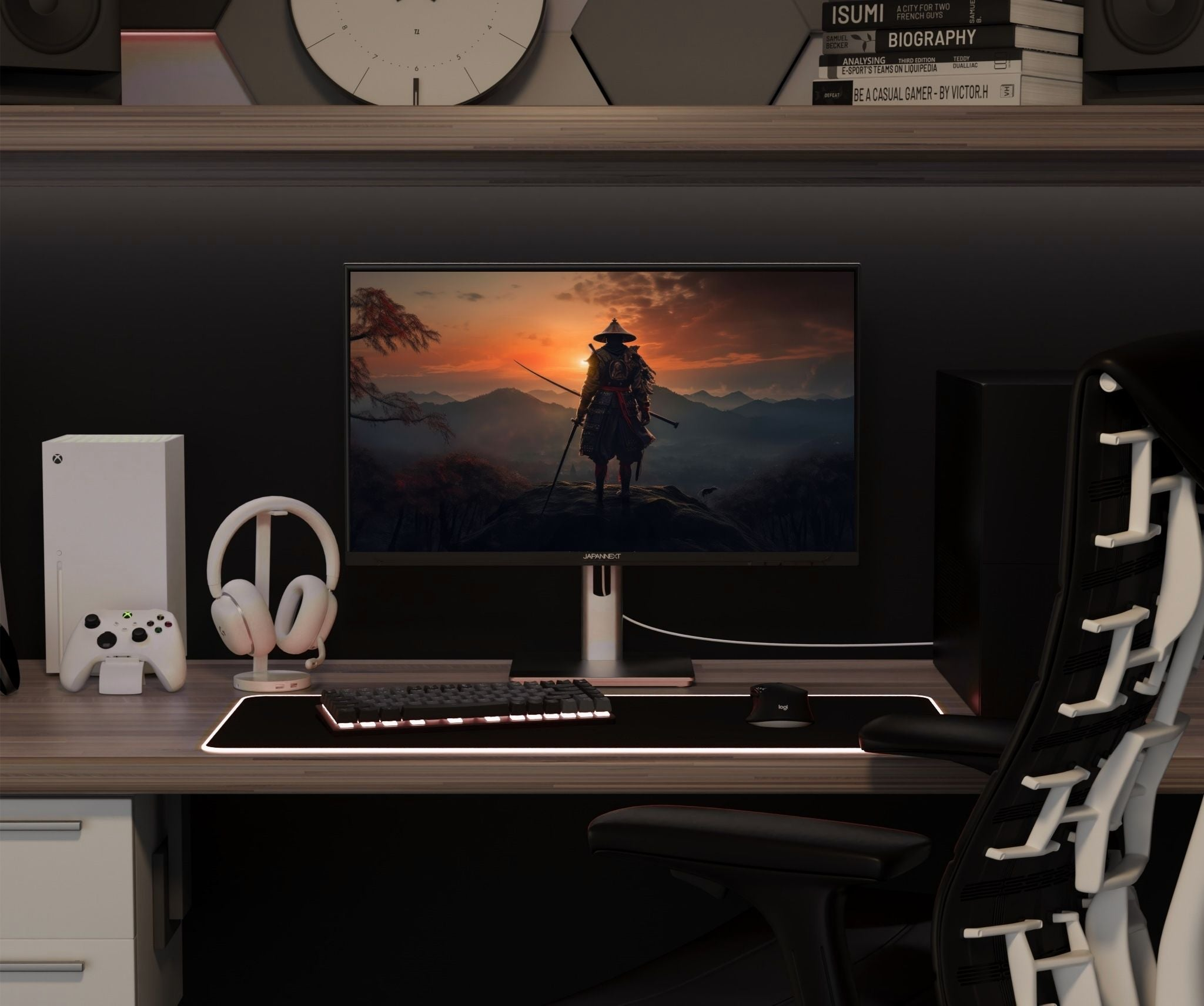 A gaming setup featuring a monitor with a warrior image, headphones, keyboard, and Xbox console on a desk.
