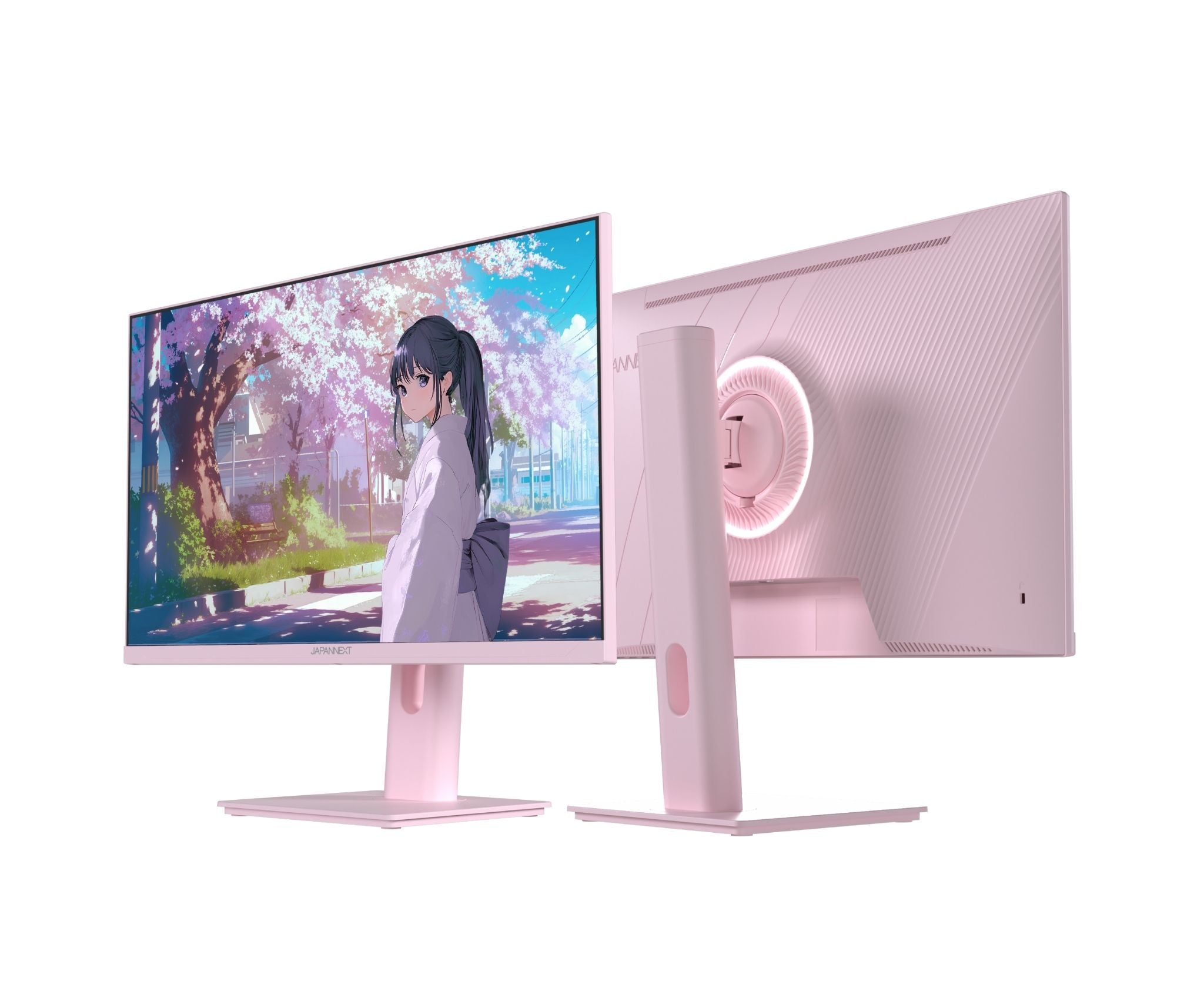 Zwei rosa Computermonitore. Einer zeigt Anime-Kunst. Der andere zeigt die Rückseite. Beide stehen auf weißem Hintergrund.