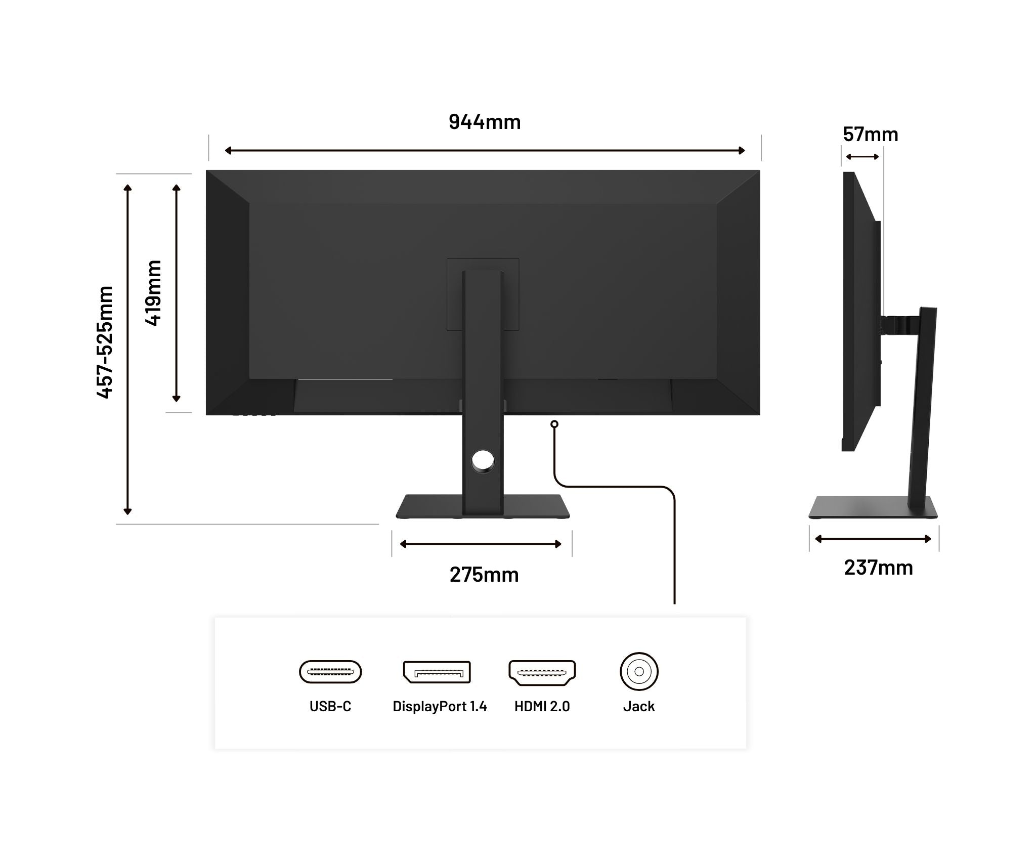 Ein schwarzer Computermonitor mit beschrifteten Abmessungen. USB-C-, DisplayPort-, HDMI- und Jack-Symbole sind unten.
