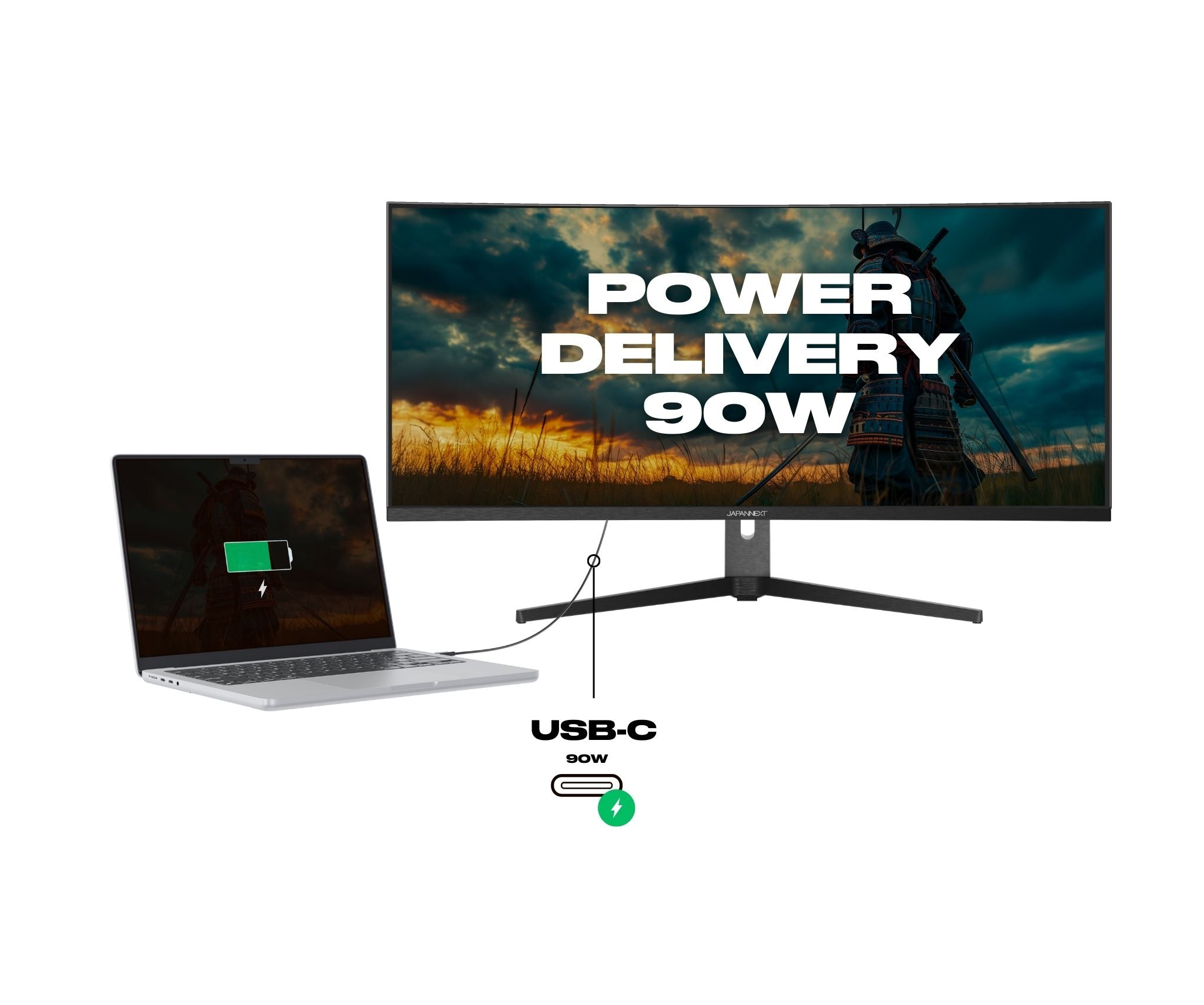 Laptop lädt über USB-C an einem Monitor mit Samurai. Text: Stromversorgung 90W.