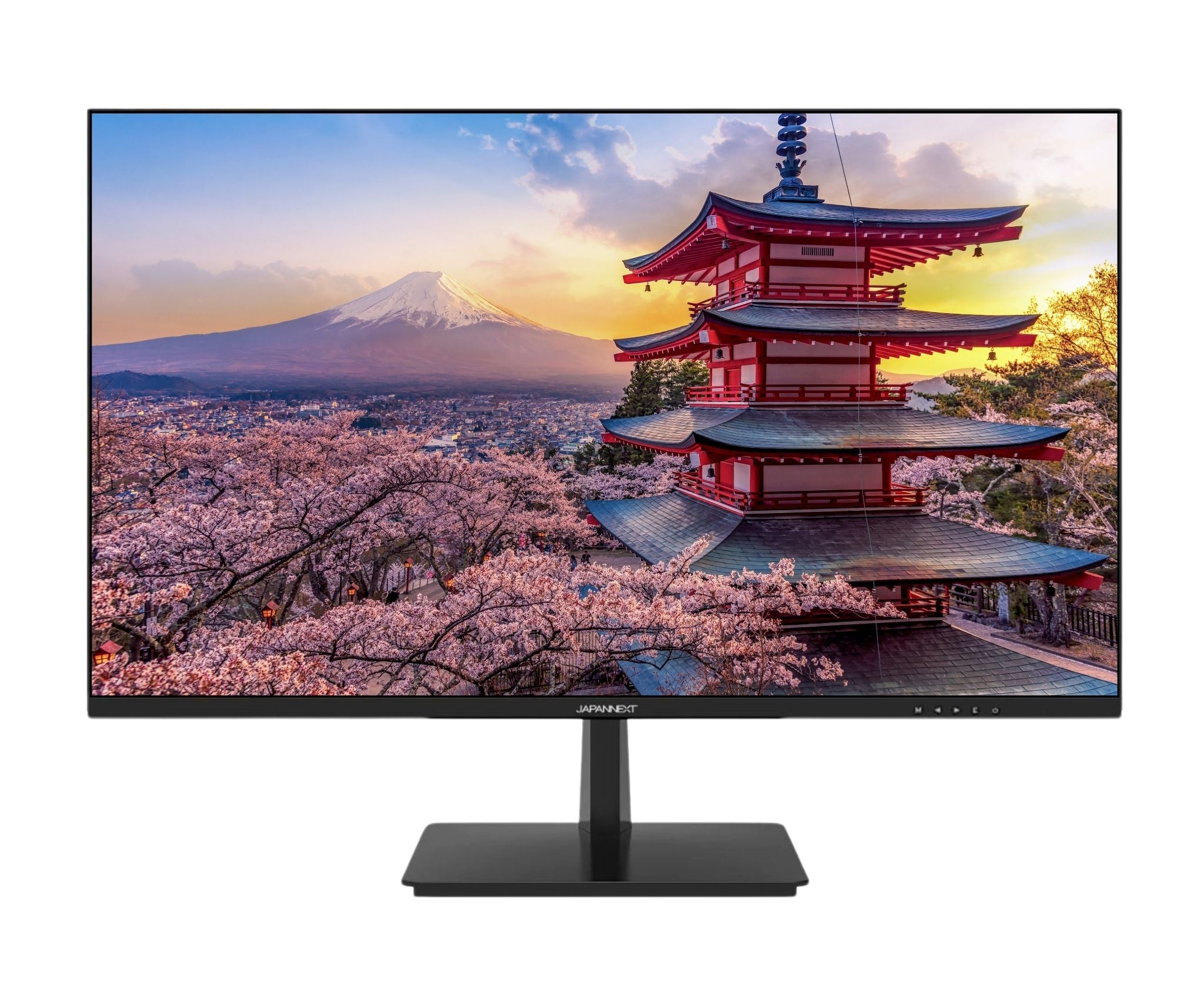 Un monitor muestra un paisaje japonés con el monte Fuji, una pagoda y cerezos en flor. El monitor es negro.
