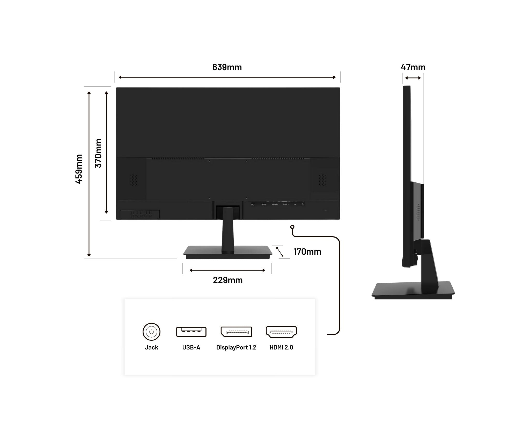Un monitor de computadora negro con medidas y puertos. Las dimensiones se muestran en la imagen.
