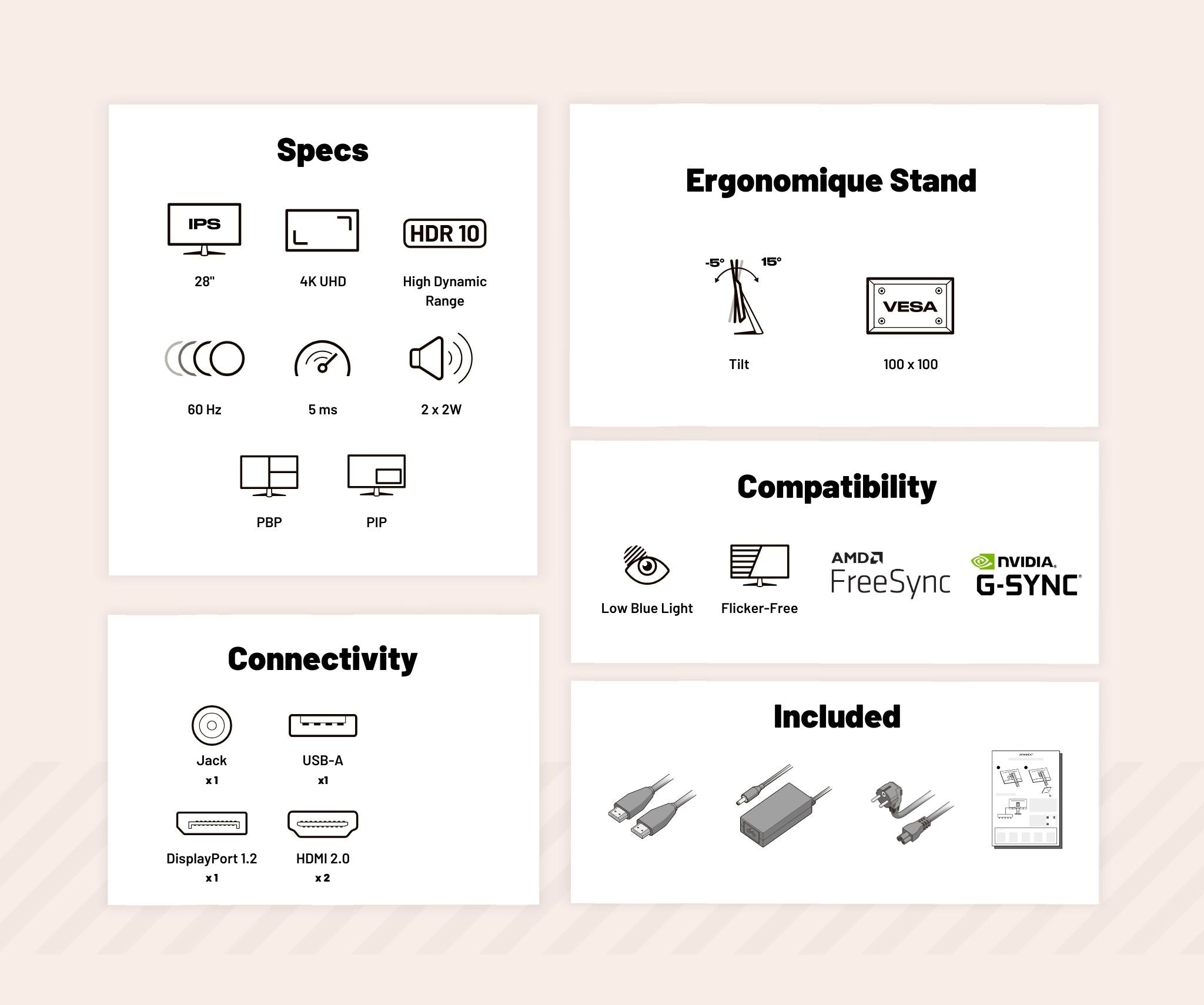 Imagen de fondo blanco con especificaciones del monitor, opciones de conectividad y accesorios incluidos.