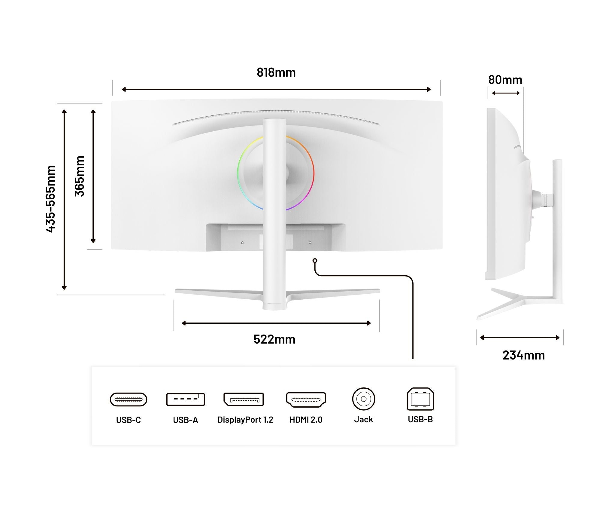 Weißer, gewölbter Monitor mit Maßen. Anschlüsse: USB-C, USB-A, DisplayPort 1.2, HDMI 2.0, Klinke und USB-B.