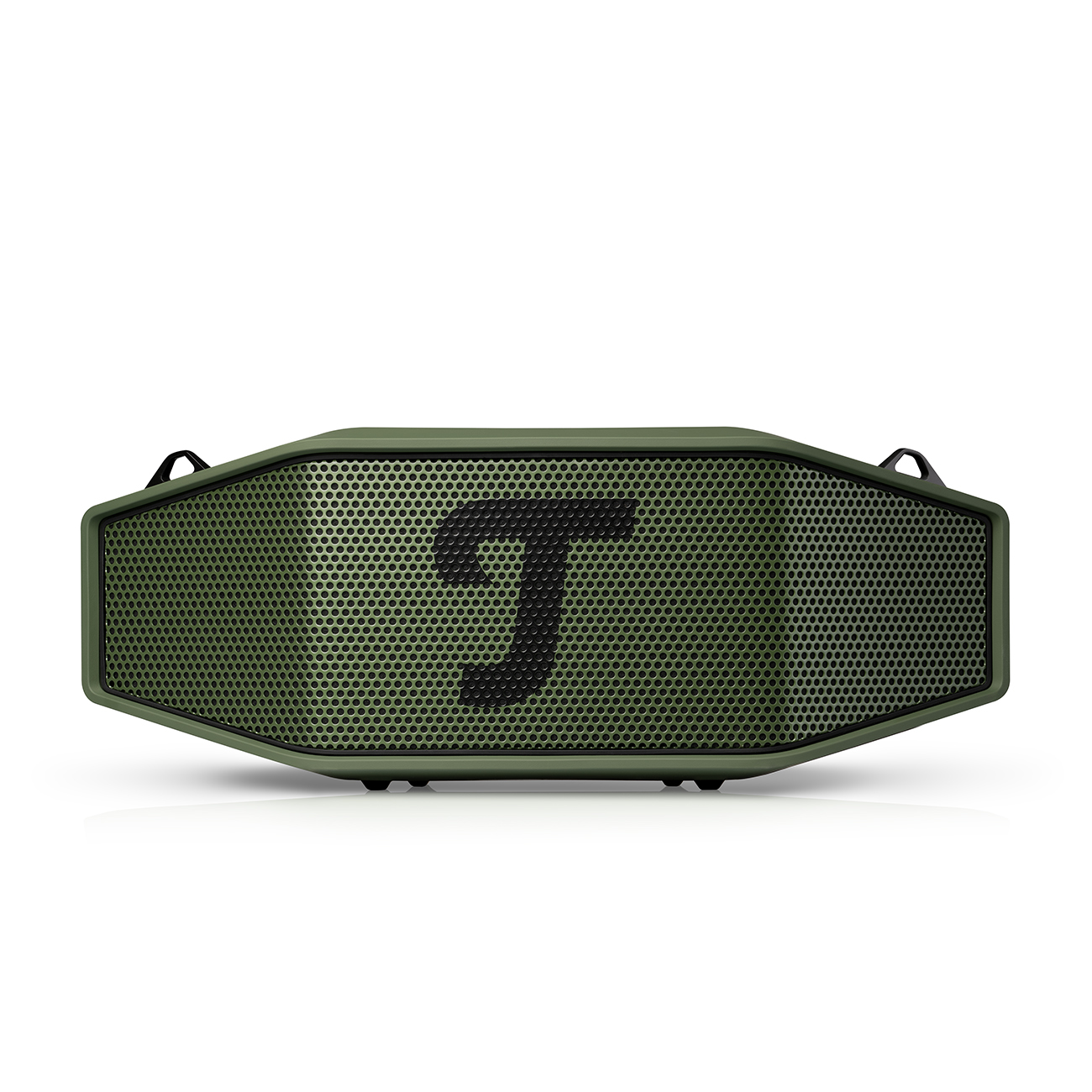 Un haut-parleur vert olive avec la lettre 'T' noire sur le devant. Le haut-parleur a une façade perforée et des poignées noires.