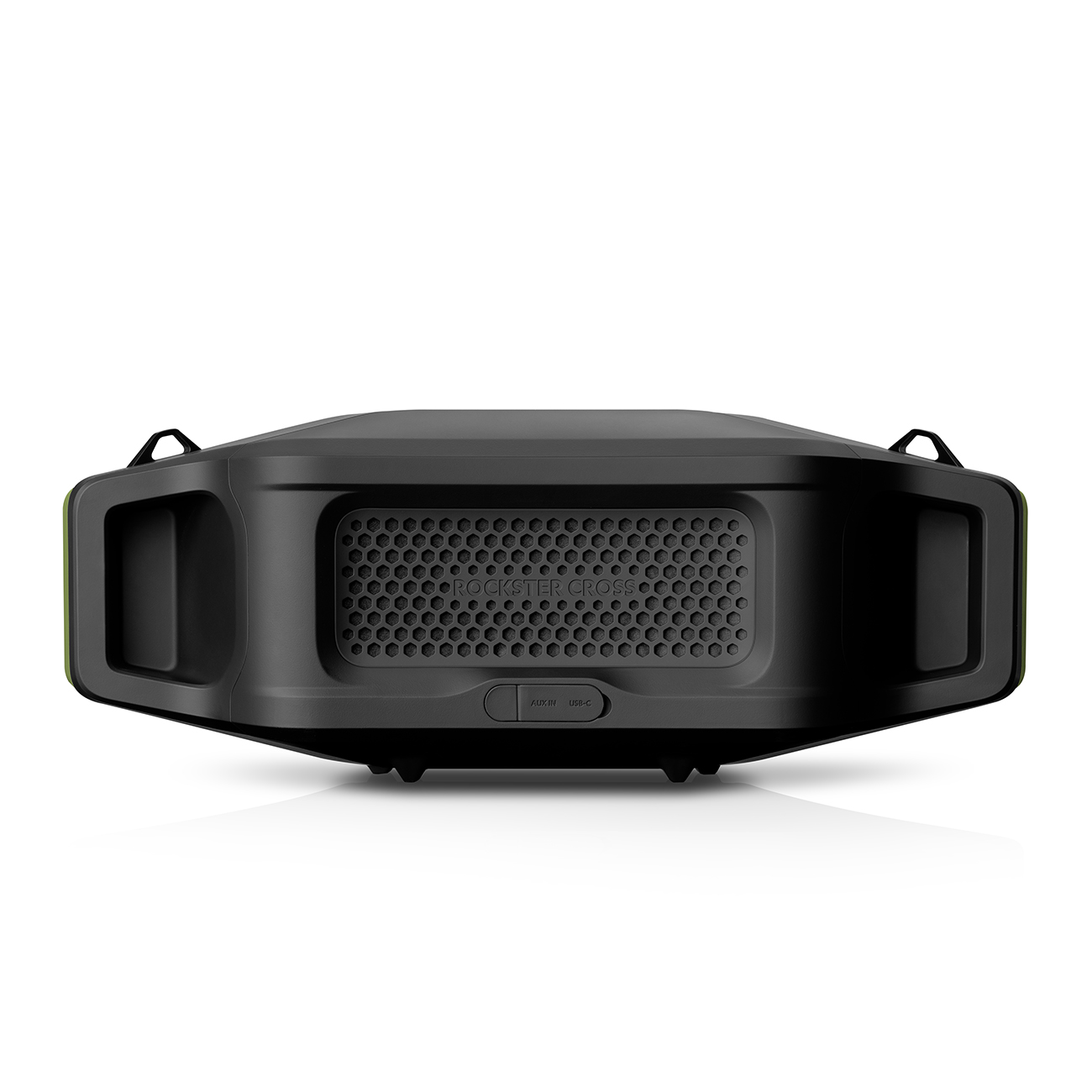 Un haut-parleur portable noir et vert est posé sur une surface blanche. Il a une façade en mesh et des poignées. 'WATER ROCKS' est imprimé dessus.
