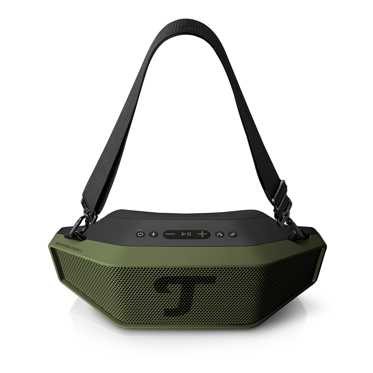 Un haut-parleur vert et noir avec une sangle noire. Le haut-parleur a une façade en mesh avec le logo 'T'. Les boutons sont en haut.