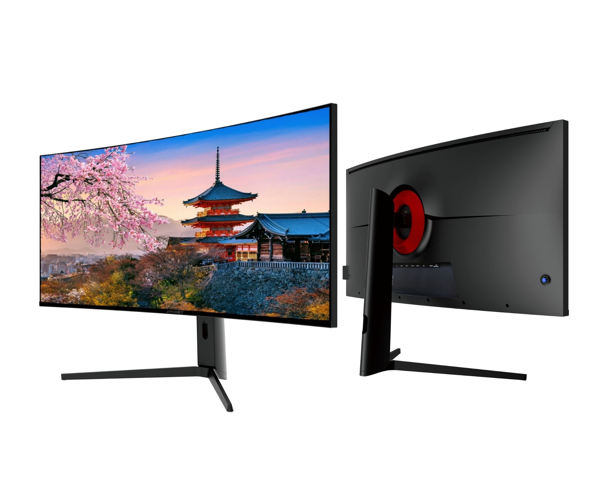 Gebogener Monitor, der eine japanische Landschaft mit einer Pagode zeigt. Der Monitor ist schwarz, mit einem roten Ring auf der Rückseite.