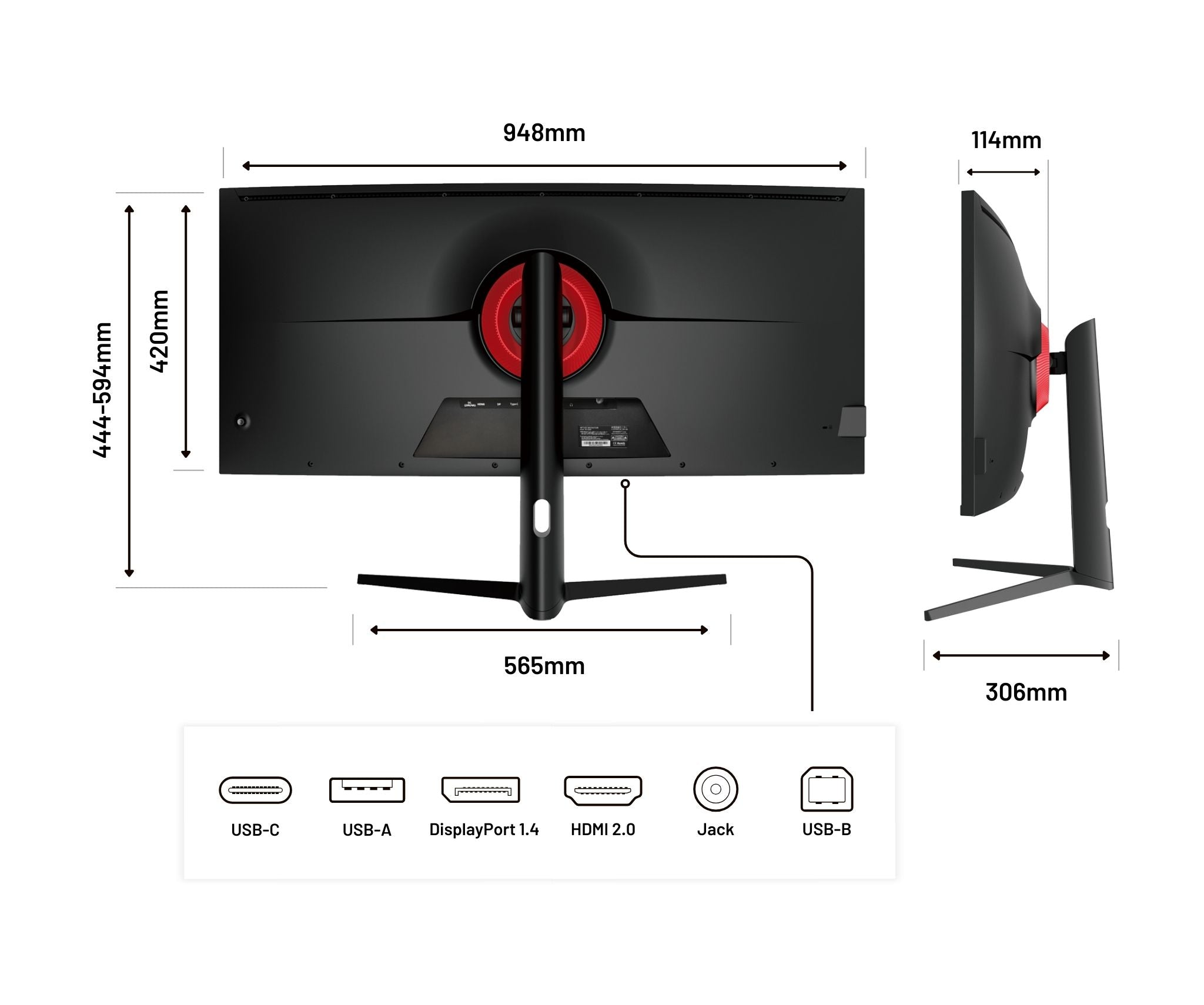 Ein schwarzer Computermonitor mit Messungen und Anschlussbezeichnungen. Der Monitor hat ein rotes Zentralelement.