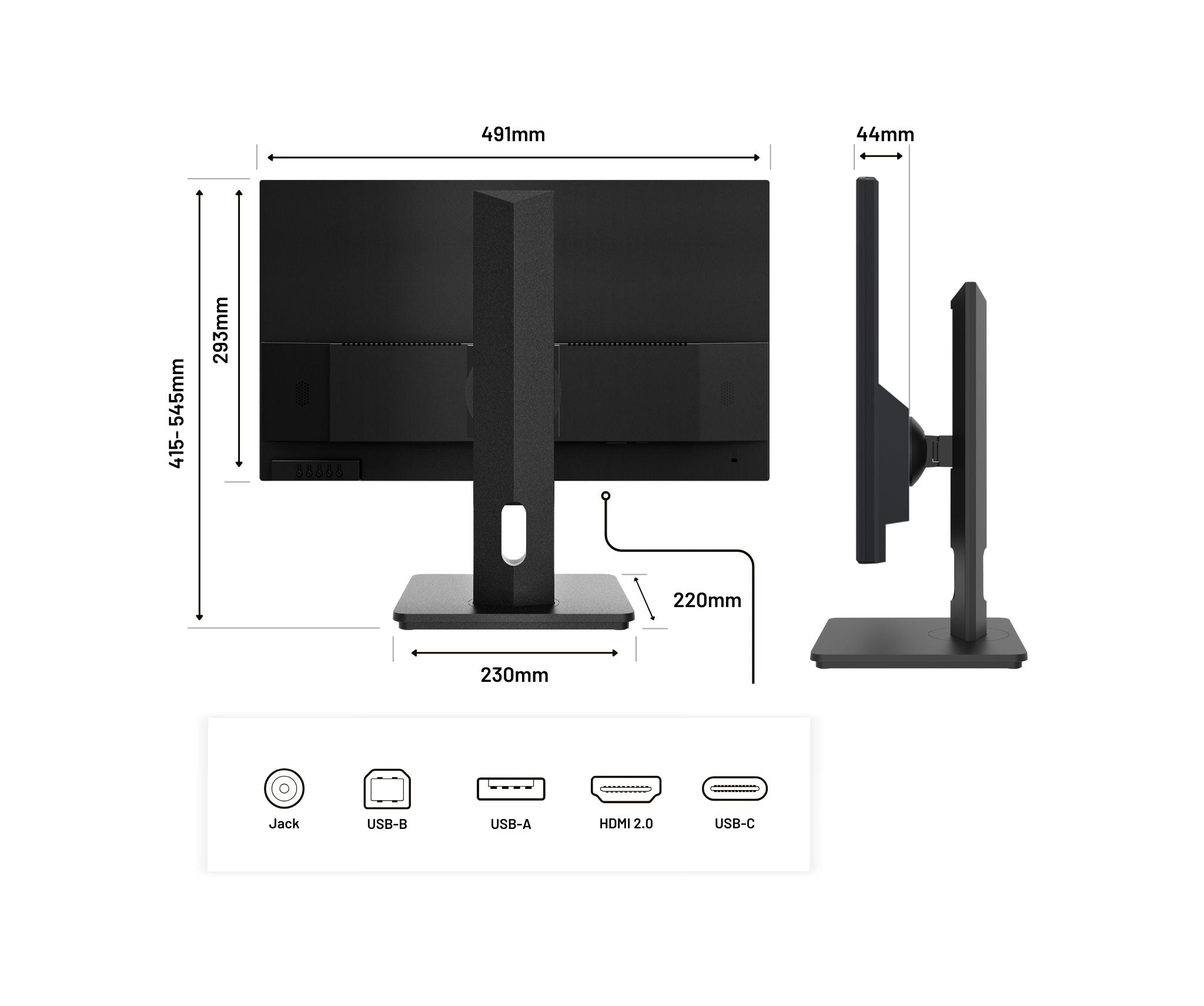 Een zwarte computermonitor met afmetingen. Poorten zijn Jack, USB-B, USB-A, HDMI 2.0 en USB-C.