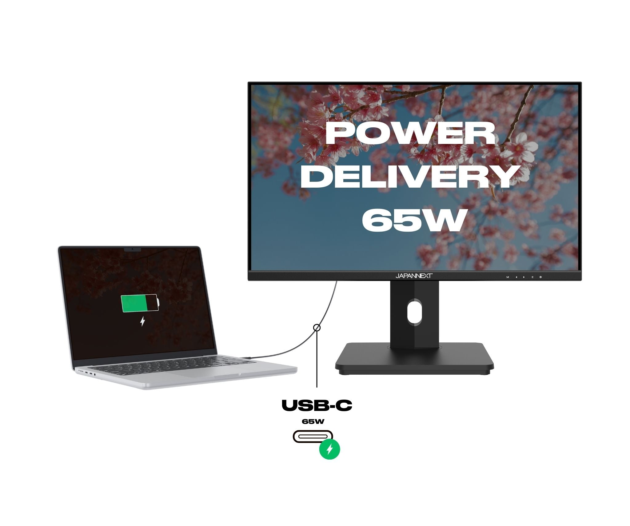 Een laptop die via USB-C is aangesloten op een monitor wordt opgeladen. De monitor toont 'Power Delivery 65W'.