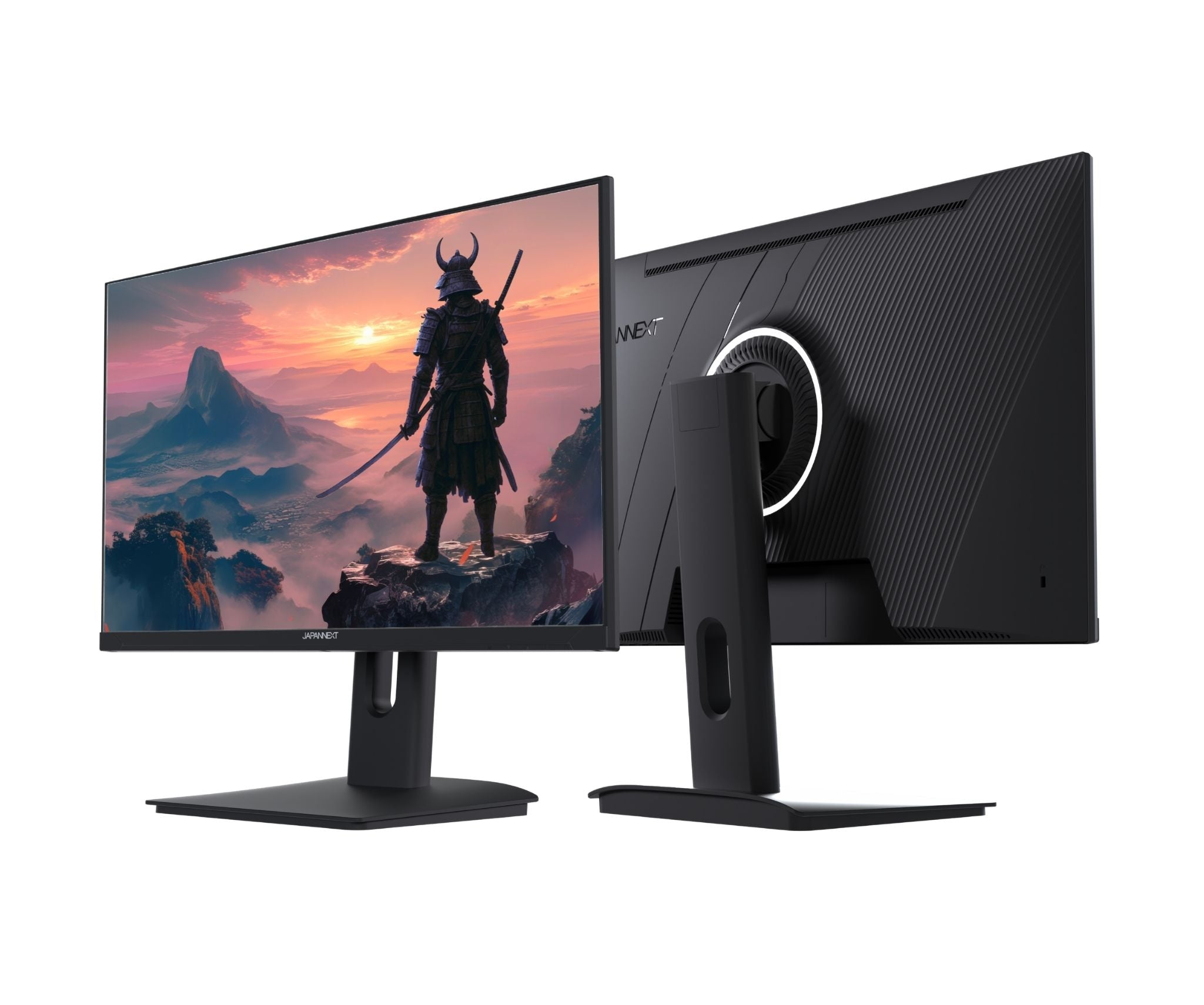 Two black computer monitors on white. One displays a samurai, the other shows the back with a white ring.