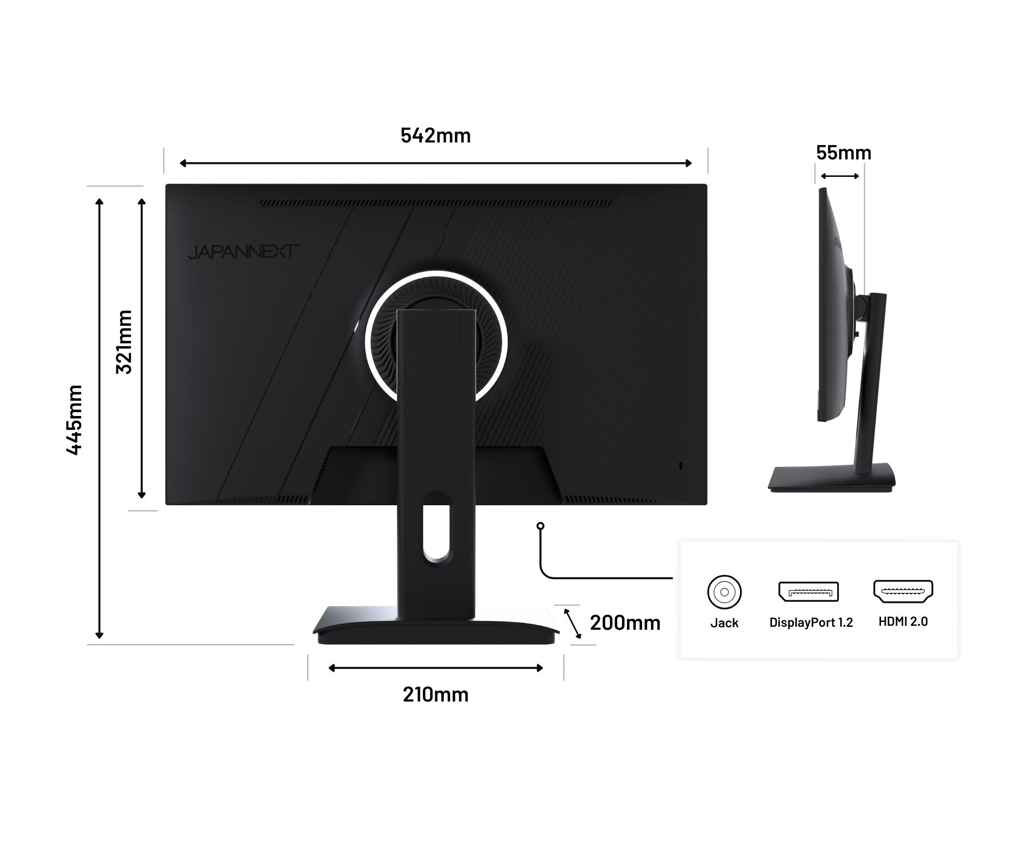 Black monitor with dimensions, stand and ports details. Brand is JapanNext. DisplayPort, HDMI, and Jack are shown.