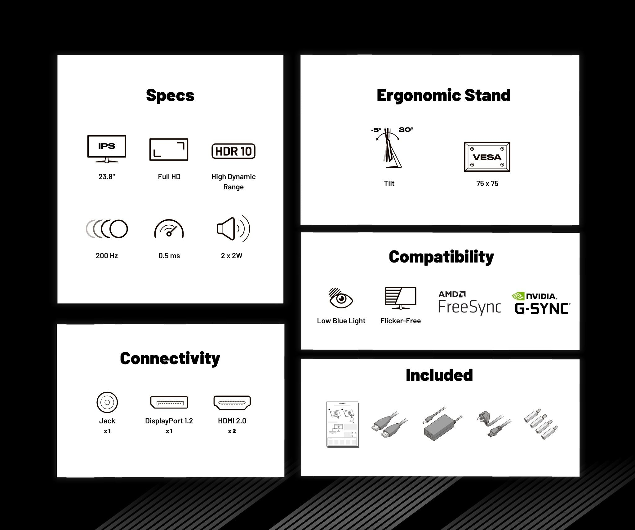 Monitor specifications, including IPS, Full HD, HDR 10, 200 Hz, 0.5 ms, 2x2W speakers. Ergonomic stand, connectivity, compatibility, and included items.